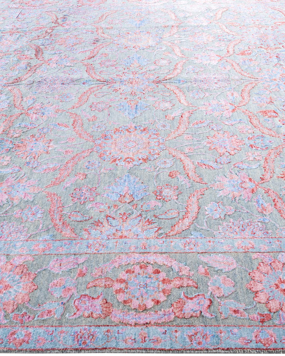 Hand-Knotted Traditional Ikat Hand Knotted Floral Silk & Wool Gray Area Rug 8' 3