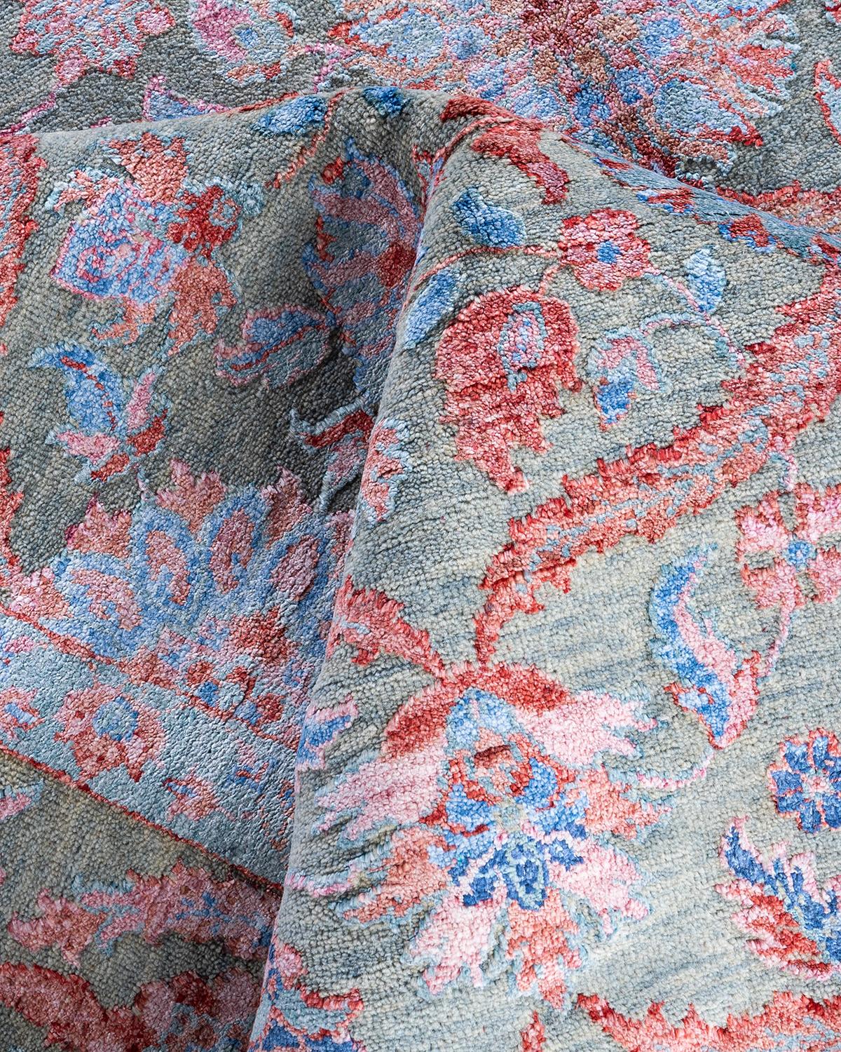 Traditional Ikat Hand Knotted Floral Silk & Wool Gray Area Rug 8' 3