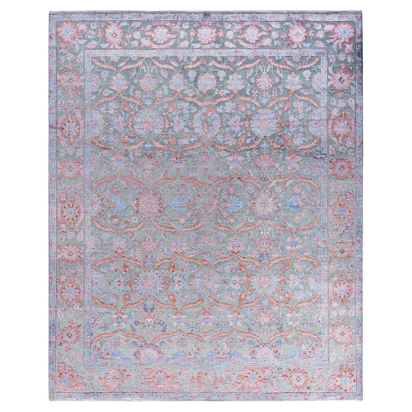 Traditional Ikat Hand Knotted Floral Silk & Wool Gray Area Rug 8' 3" x 10' 3" For Sale