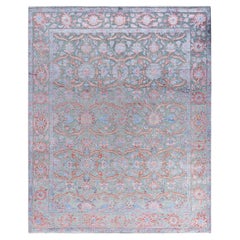Traditioneller handgeknüpfter, geblümter Ikat-Teppich aus Seide und Wolle in Grau, 8' 3" x 10' 3"