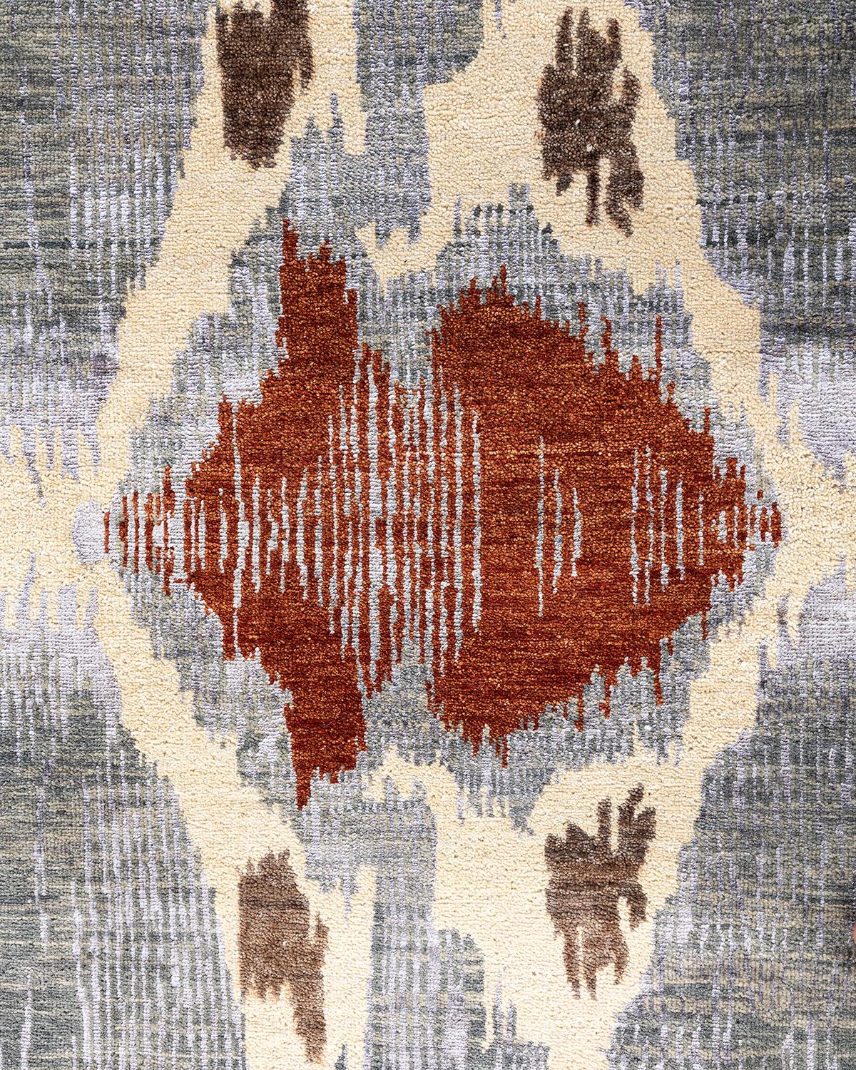 Indien Tapis traditionnel Ikat gris en soie et laine à motifs floraux noués à la main 8' 3