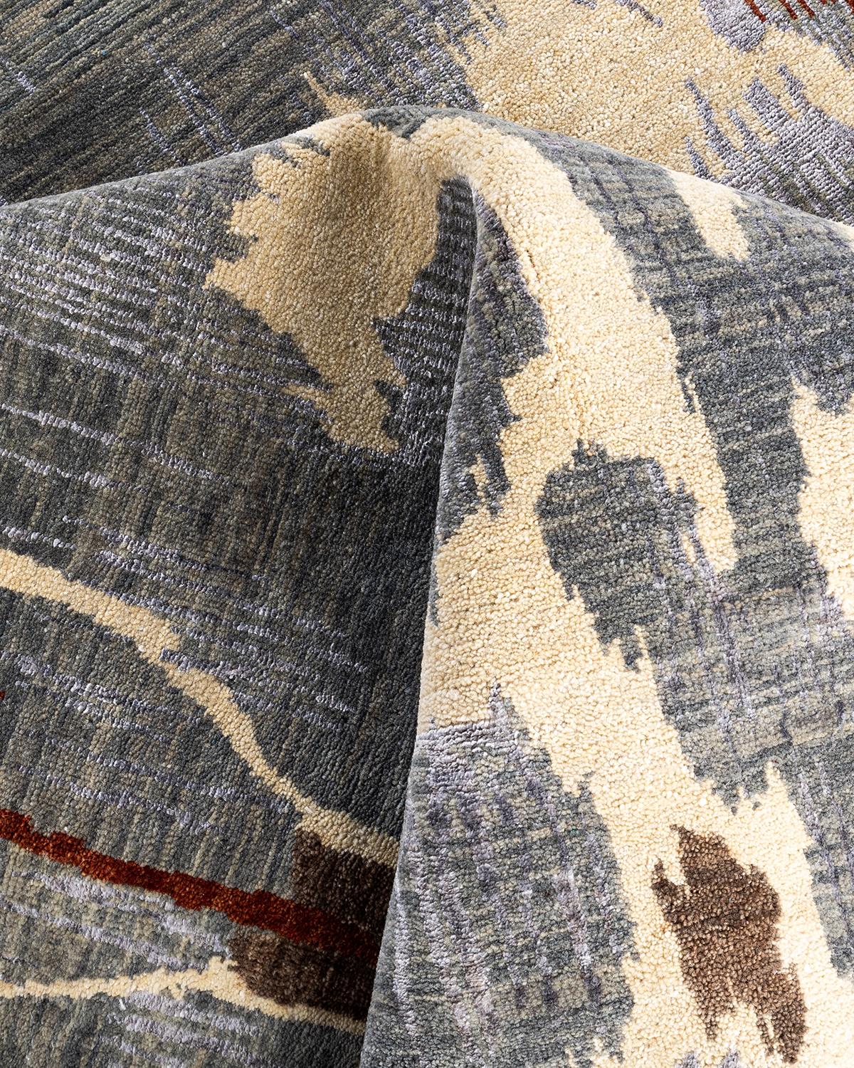 Laine Tapis traditionnel Ikat gris en soie et laine à motifs floraux noués à la main 8' 3