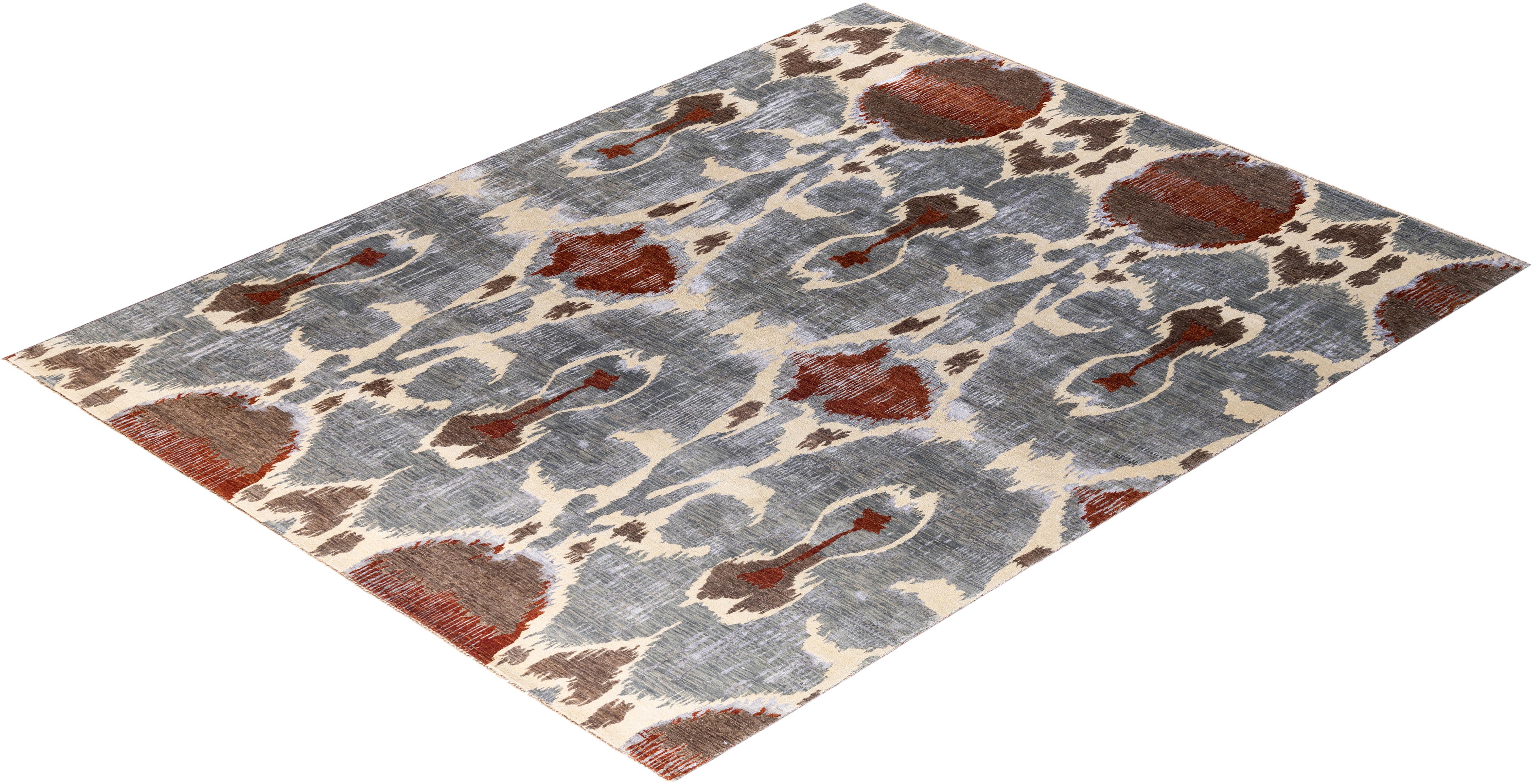 Tapis traditionnel Ikat gris en soie et laine à motifs floraux noués à la main 8' 3
