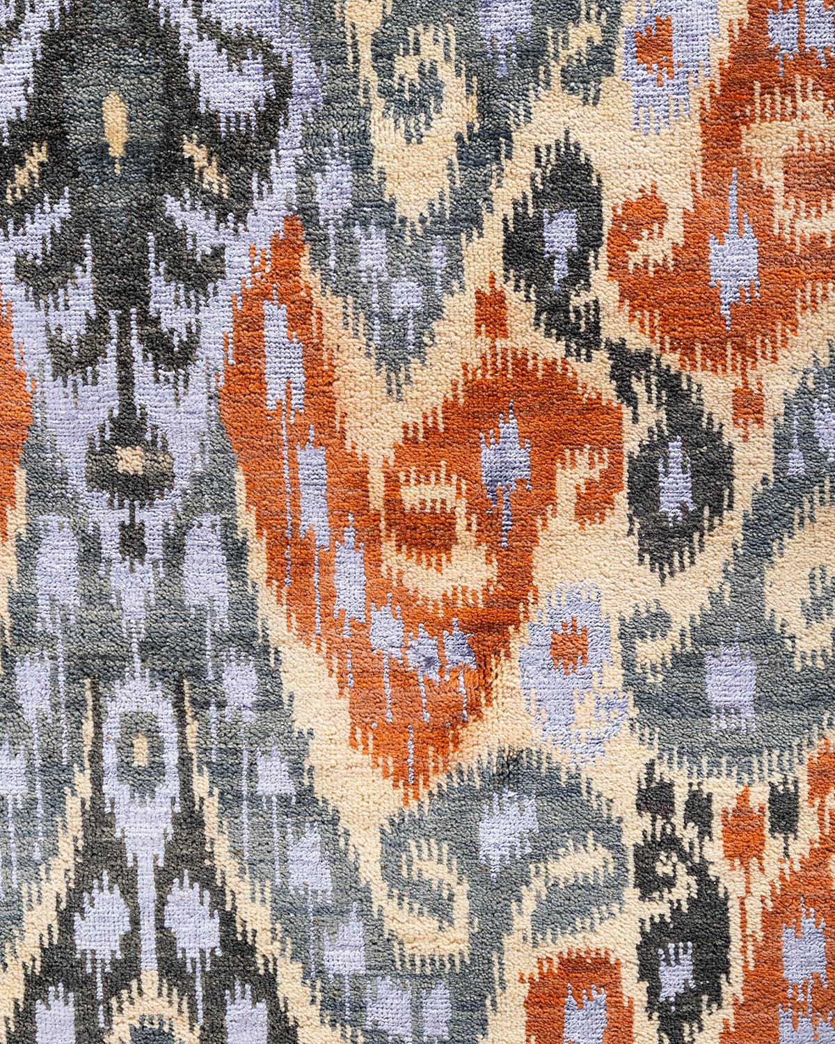 Indien Tapis traditionnel Ikat gris en soie et laine à fleurs nouées à la main 9' 0