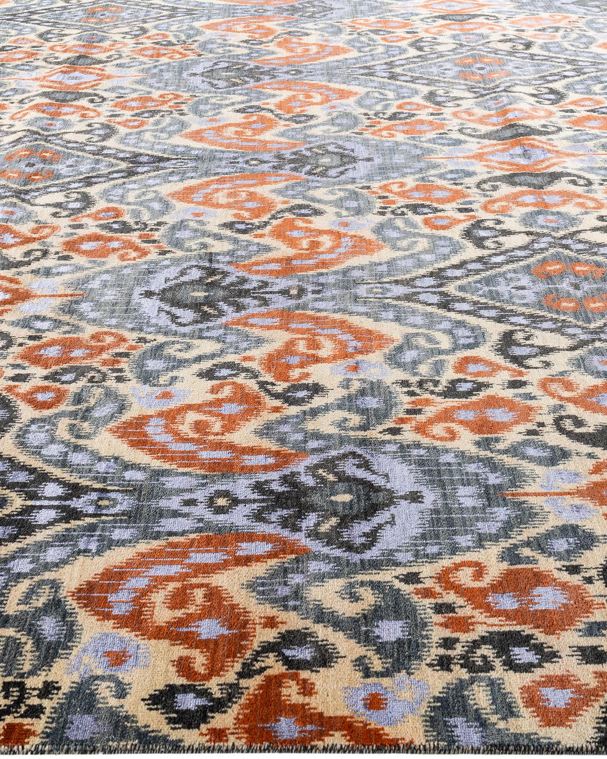 Noué à la main Tapis traditionnel Ikat gris en soie et laine à fleurs nouées à la main 9' 0