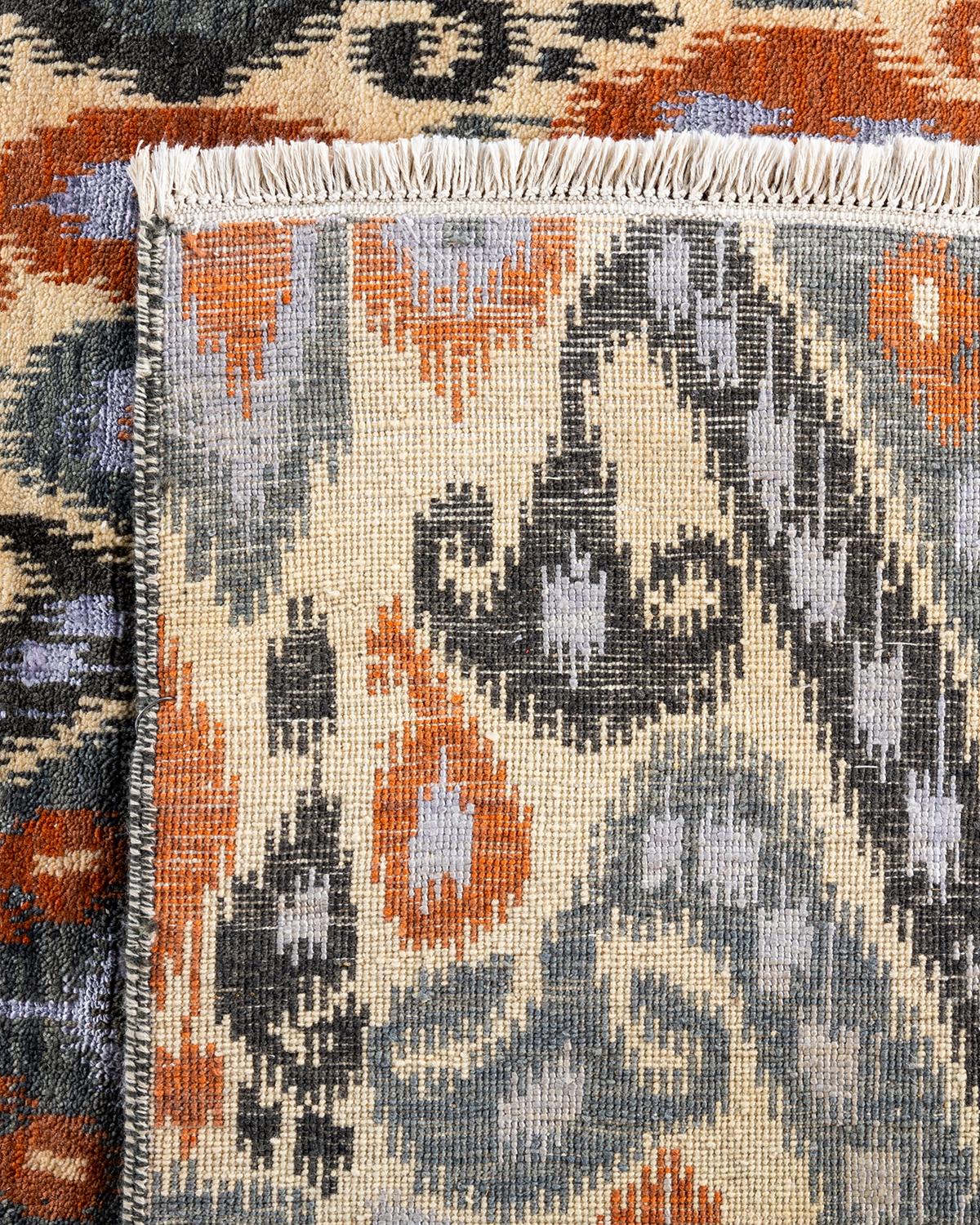 Tapis traditionnel Ikat gris en soie et laine à fleurs nouées à la main 9' 0
