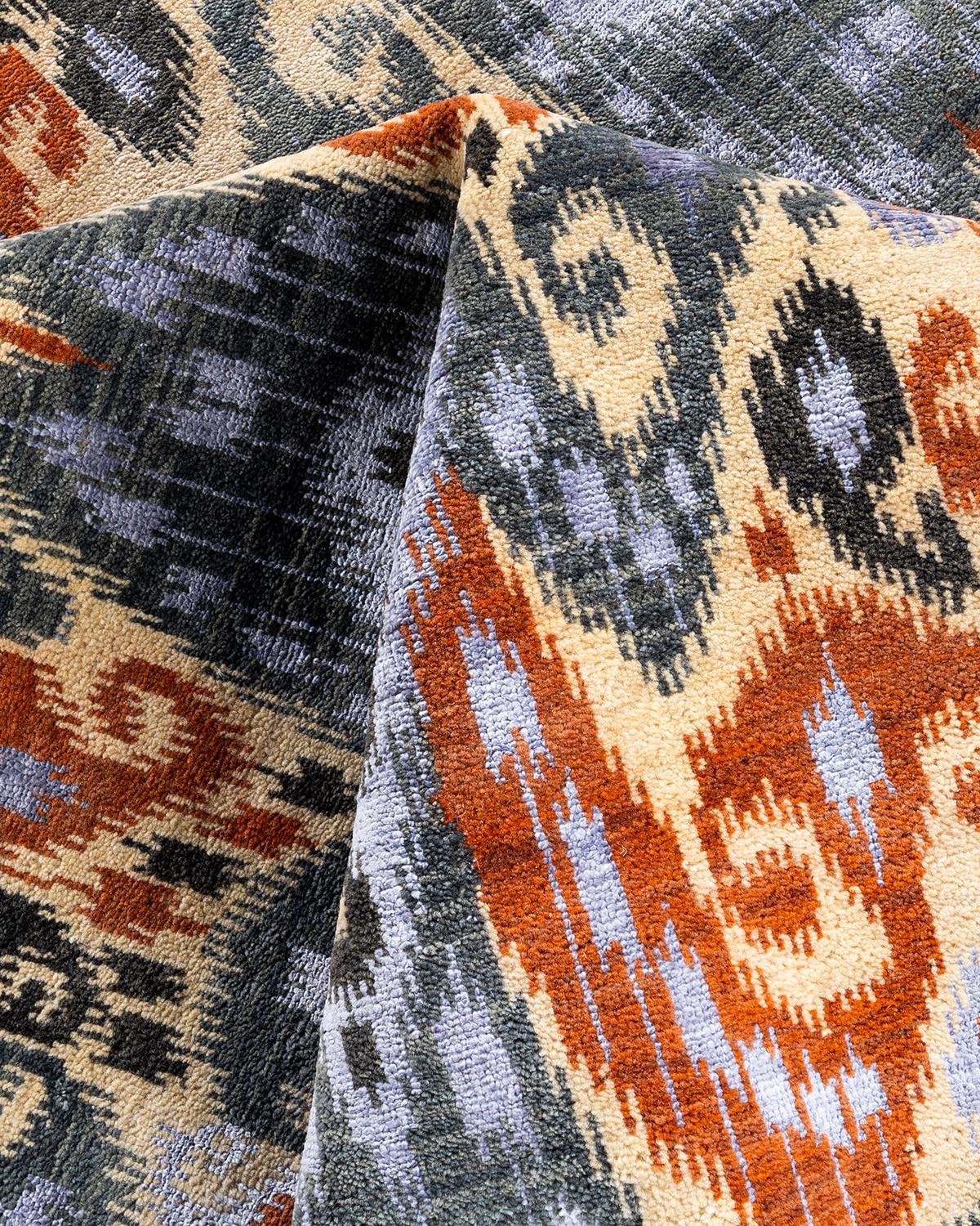Laine Tapis traditionnel Ikat gris en soie et laine à fleurs nouées à la main 9' 0