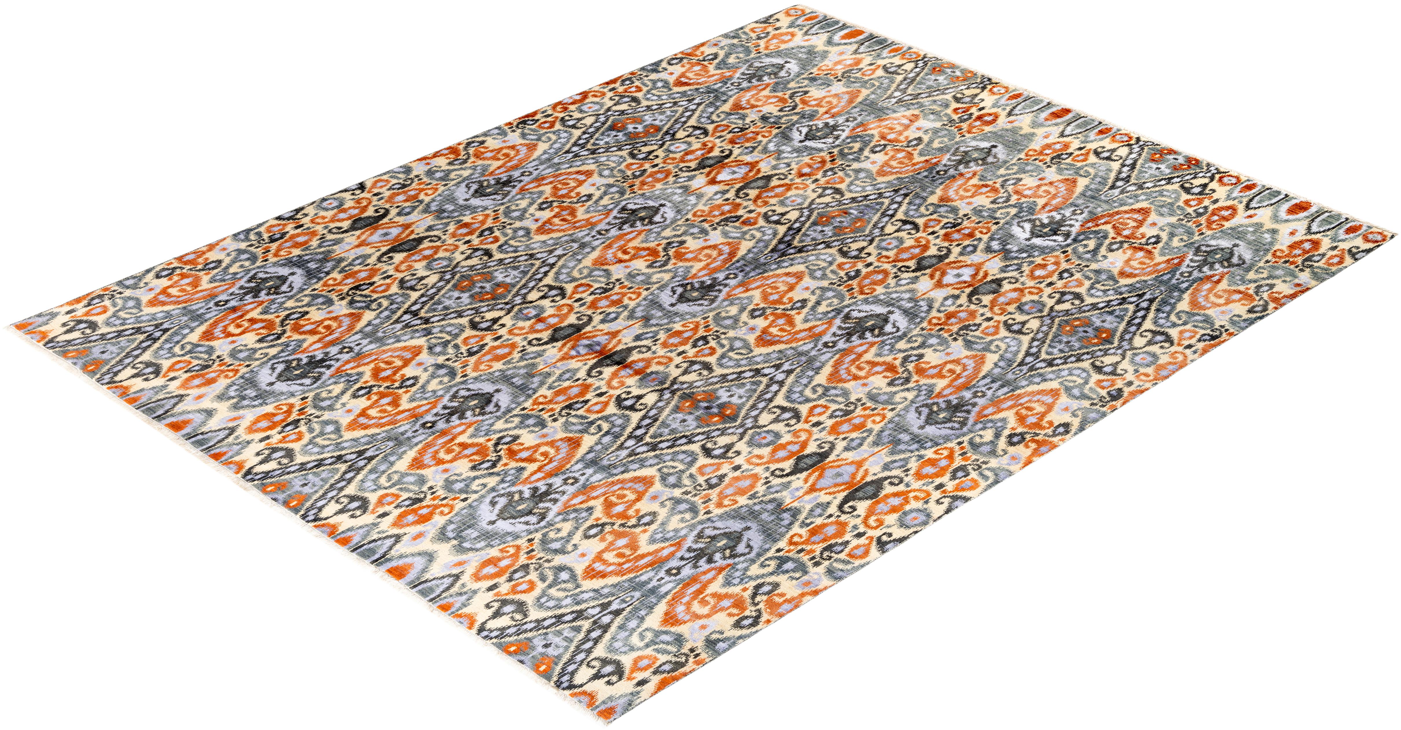 Tapis traditionnel Ikat gris en soie et laine à fleurs nouées à la main 9' 0