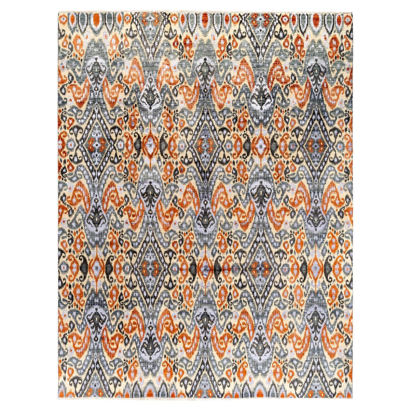 Traditioneller handgeknüpfter, geblümter Ikat-Teppich aus Seide und Wolle in Grau 9' 0" x 11' 7"