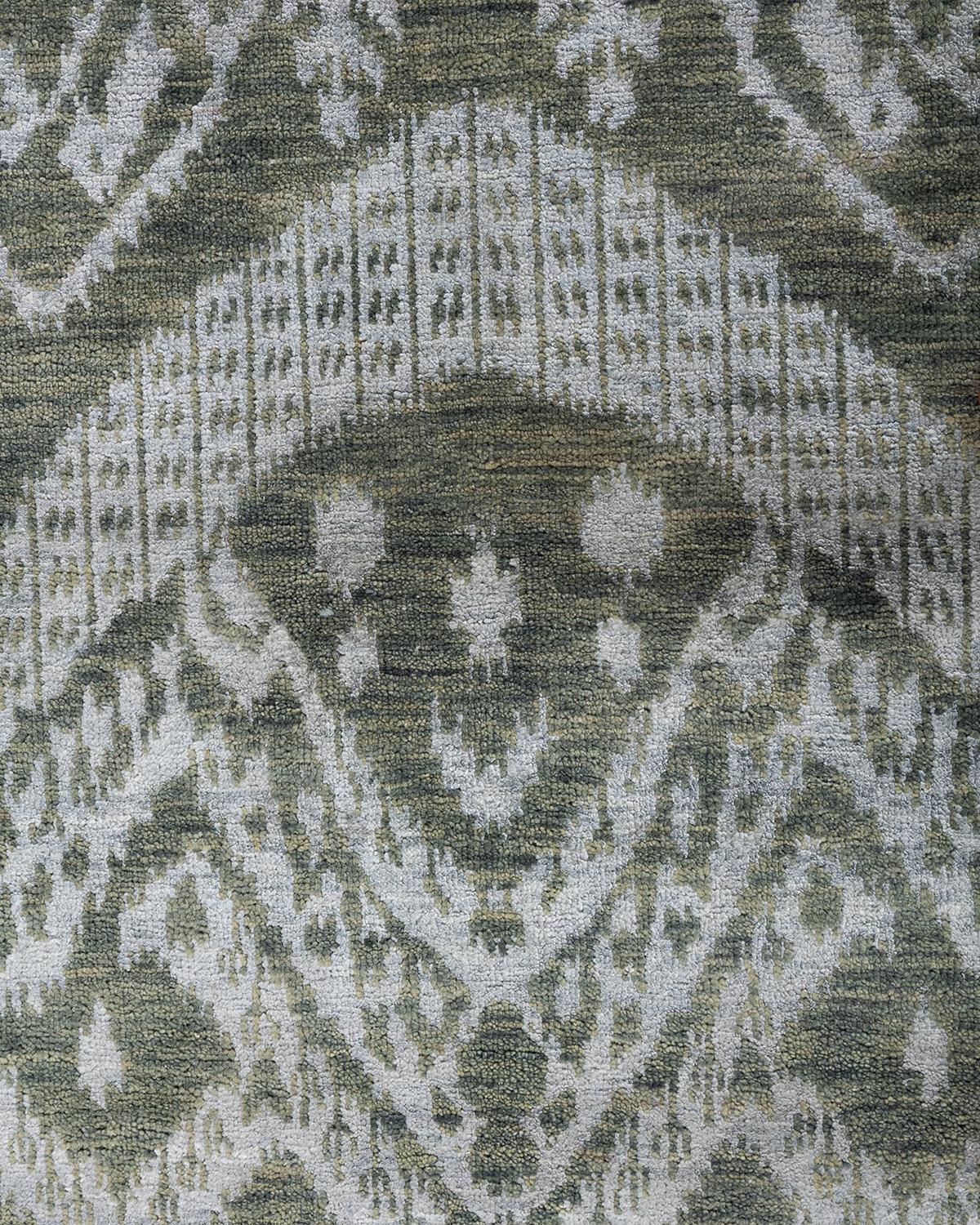 Indian Traditional Ikat Hand Knotted Floral Silk & Wool Gray Area Rug 9' 0