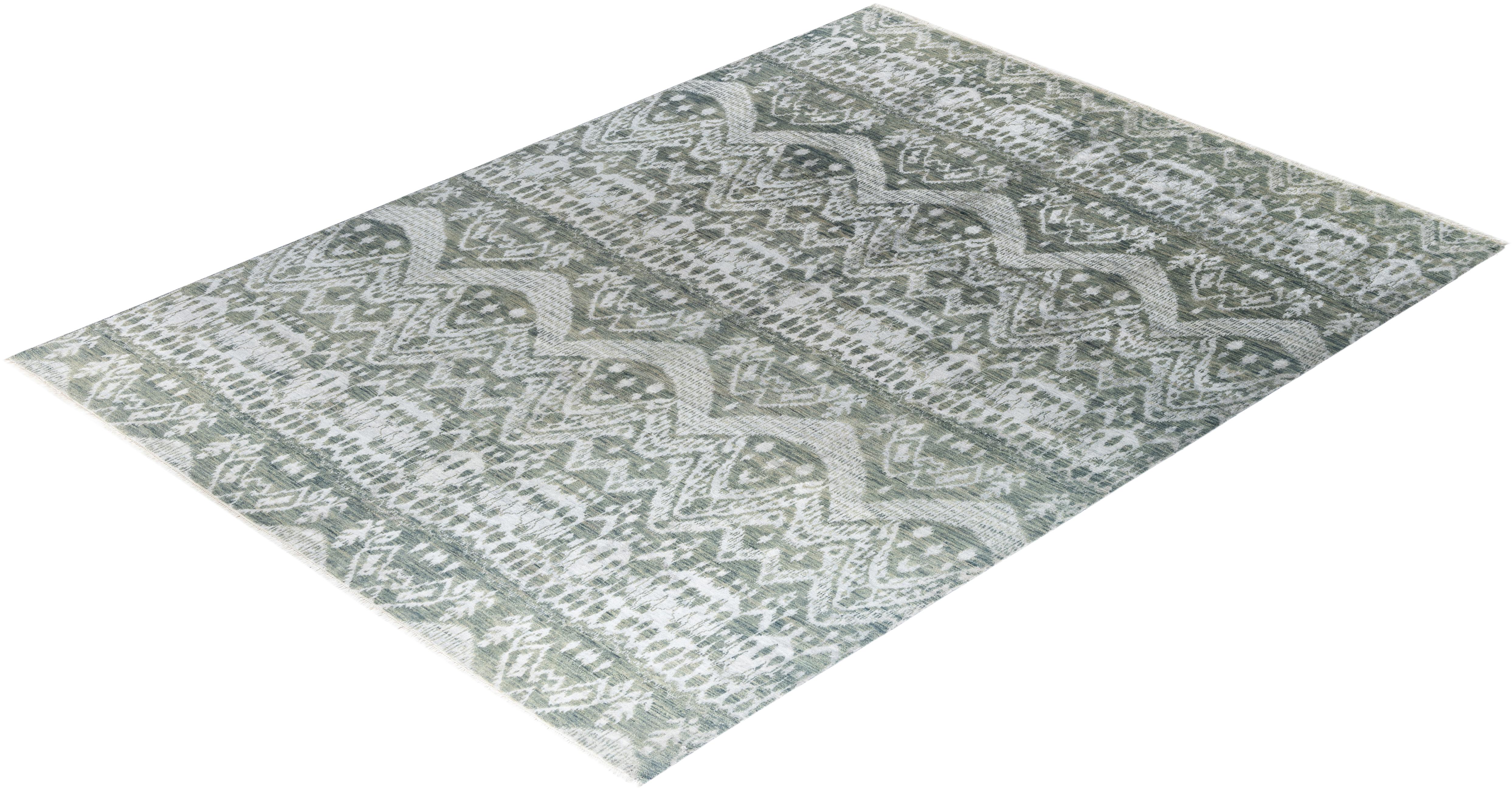 Traditional Ikat Hand Knotted Floral Silk & Wool Gray Area Rug 9' 0