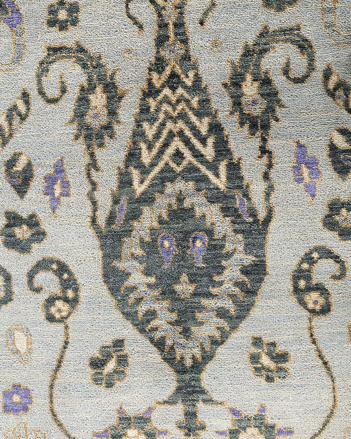 Indien Tapis traditionnel Ikat gris en soie et laine à motifs floraux noués à la main 9' 0
