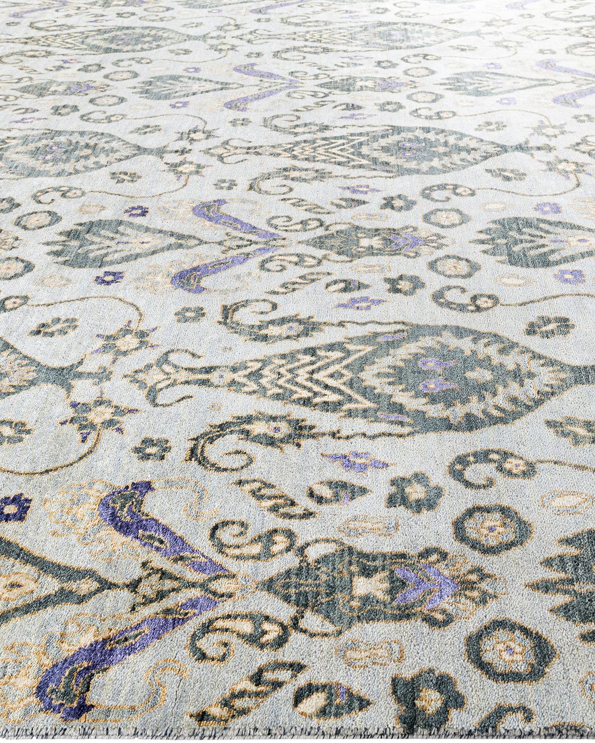 Noué à la main Tapis traditionnel Ikat gris en soie et laine à motifs floraux noués à la main 9' 0