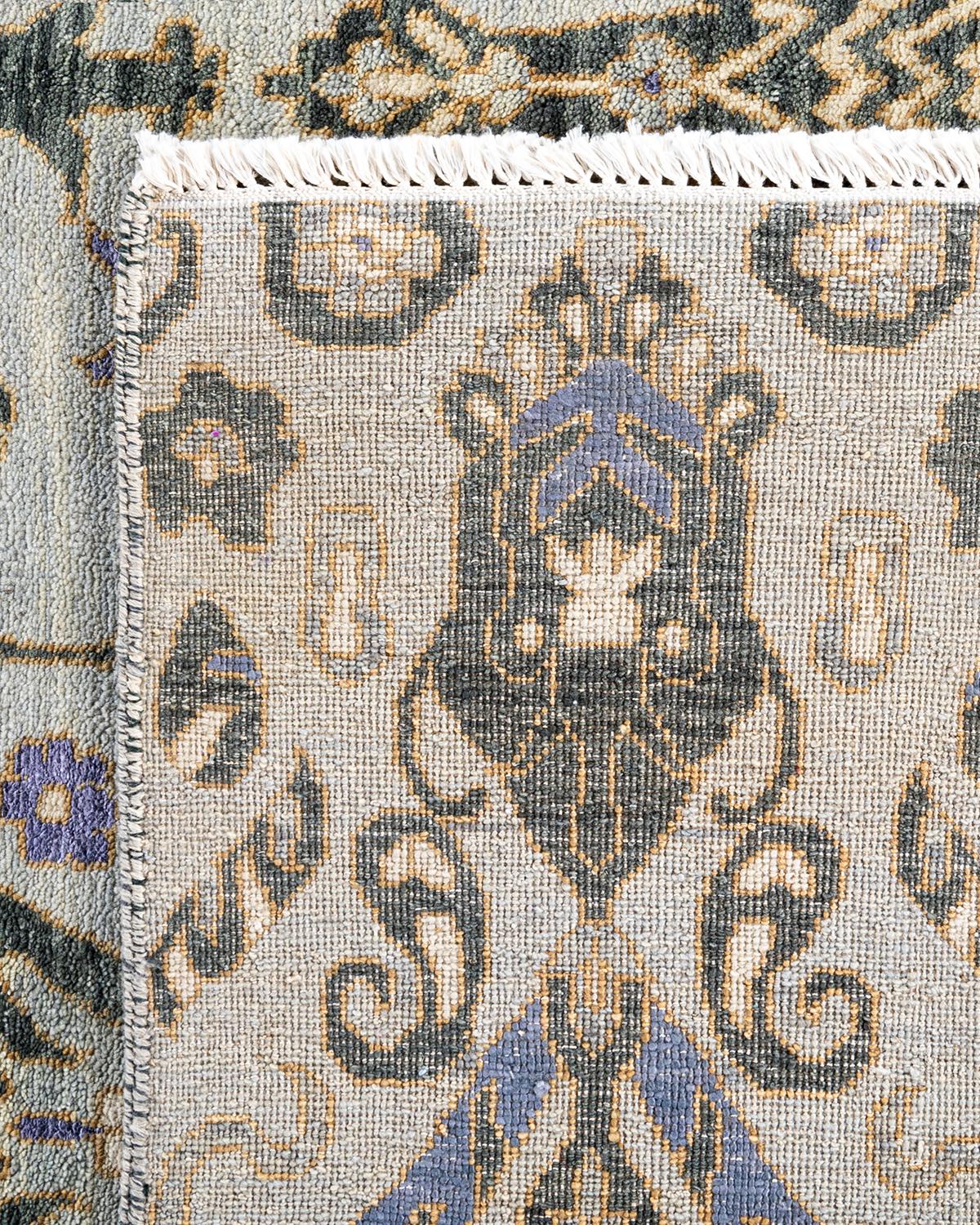 Tapis traditionnel Ikat gris en soie et laine à motifs floraux noués à la main 9' 0