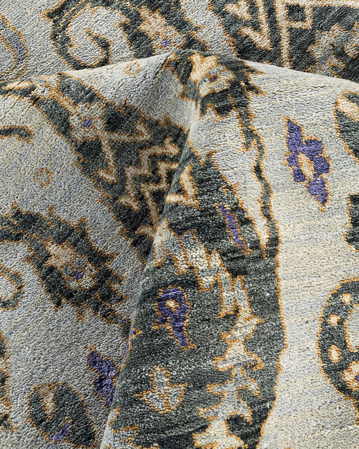 Laine Tapis traditionnel Ikat gris en soie et laine à motifs floraux noués à la main 9' 0