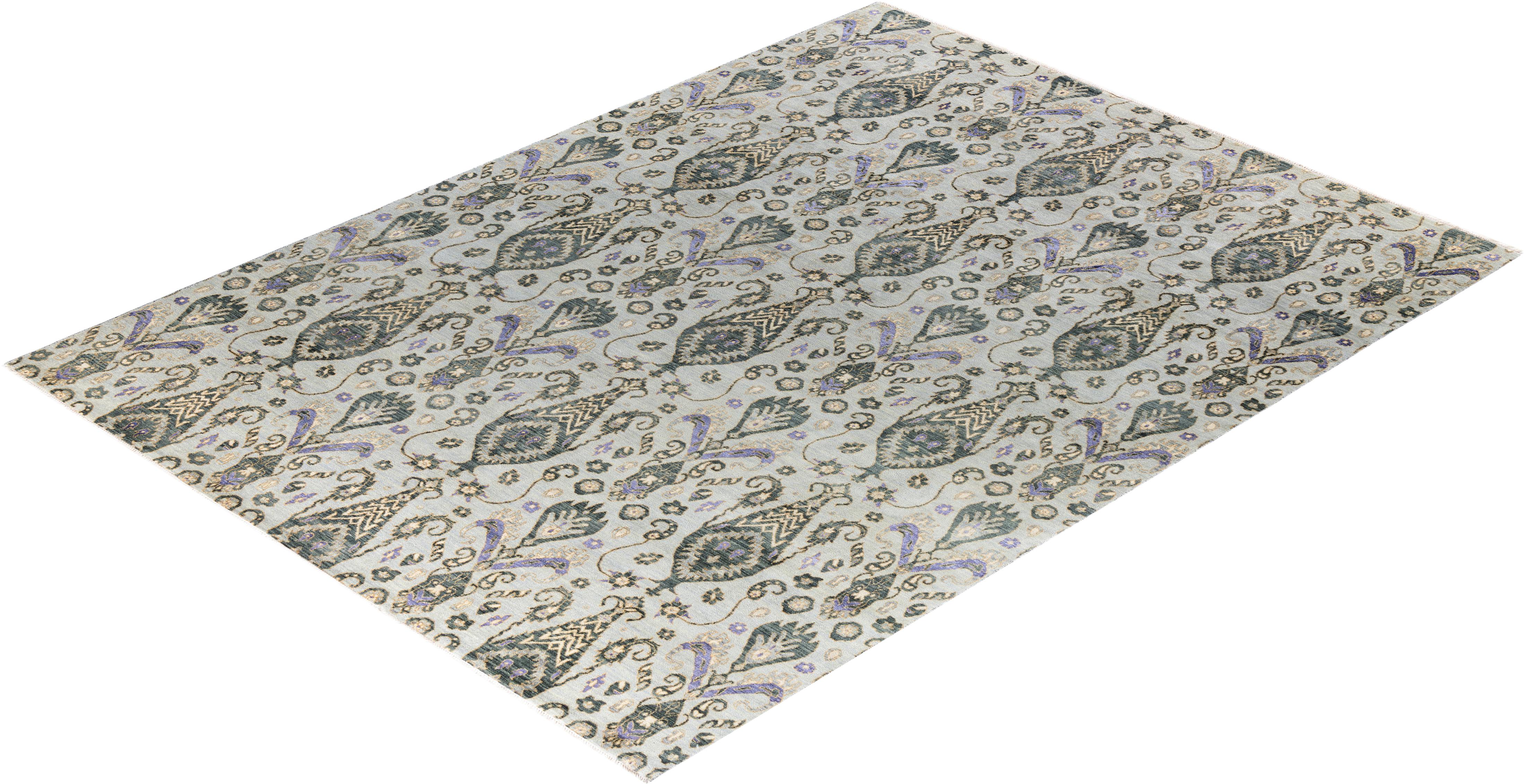 Tapis traditionnel Ikat gris en soie et laine à motifs floraux noués à la main 9' 0