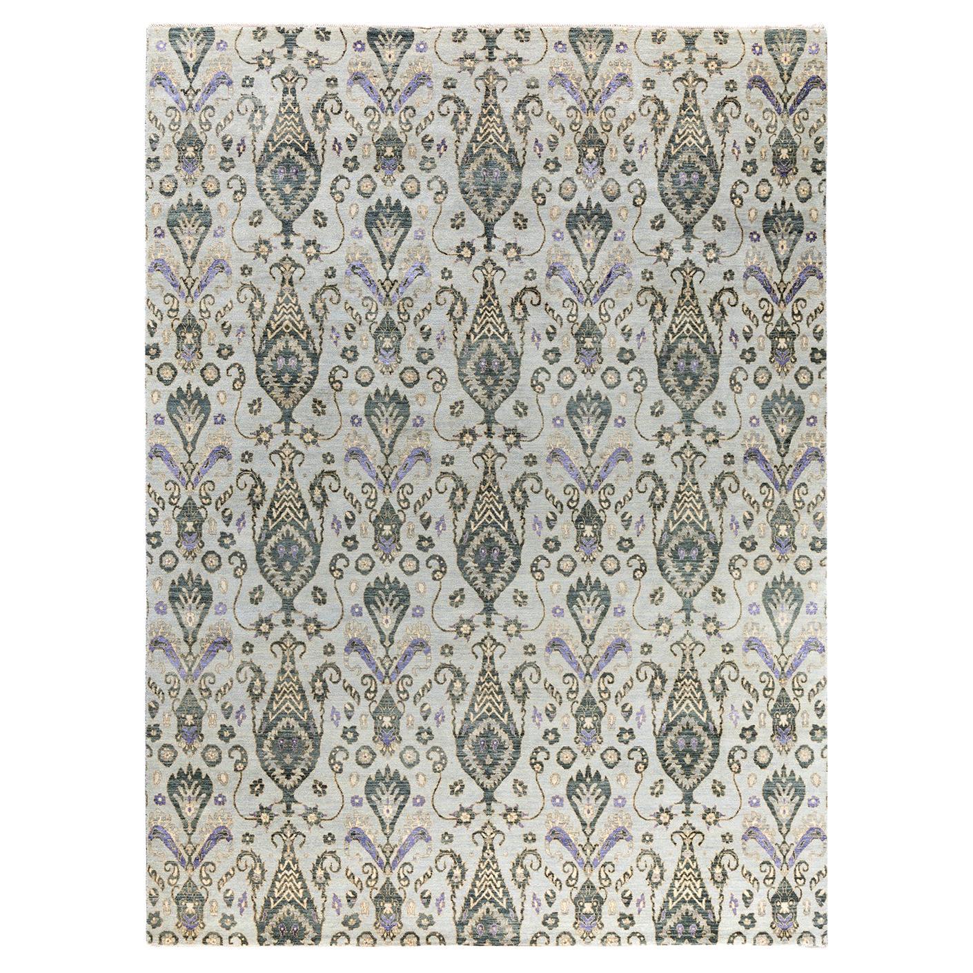Traditioneller handgeknüpfter, geblümter Ikat-Teppich aus Seide und Wolle in Grau 9' 0" x 12' 2"