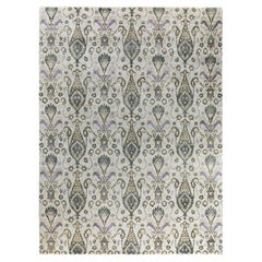 Traditioneller handgeknüpfter, geblümter Ikat-Teppich aus Seide und Wolle in Grau 9' 0" x 12' 2"