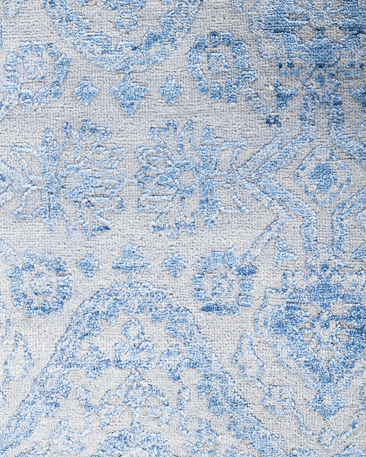 Traditioneller handgeknüpfter, geblümter Ikat-Teppich aus Seide und Wolle in Grau 9' 0