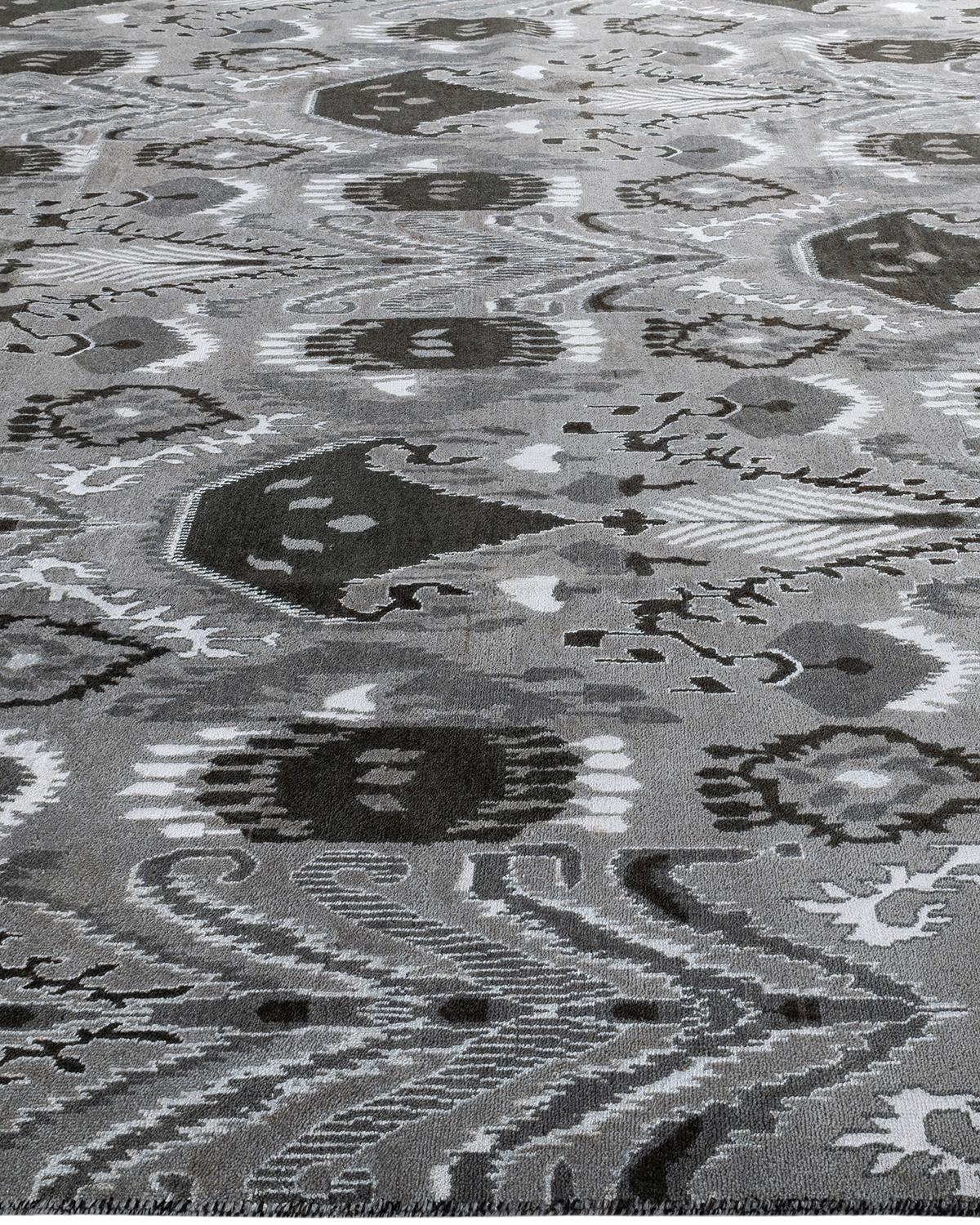 Hand-Knotted Traditional Ikat Hand Knotted Floral Silk & Wool Gray Area Rug 9' 0