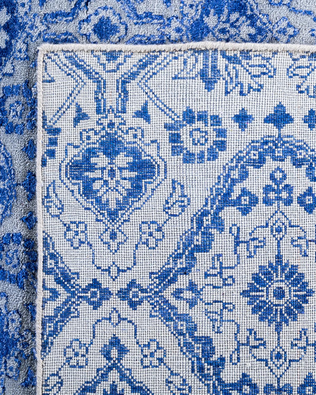 Traditioneller handgeknüpfter, geblümter Ikat-Teppich aus Seide und Wolle in Grau 9' 0