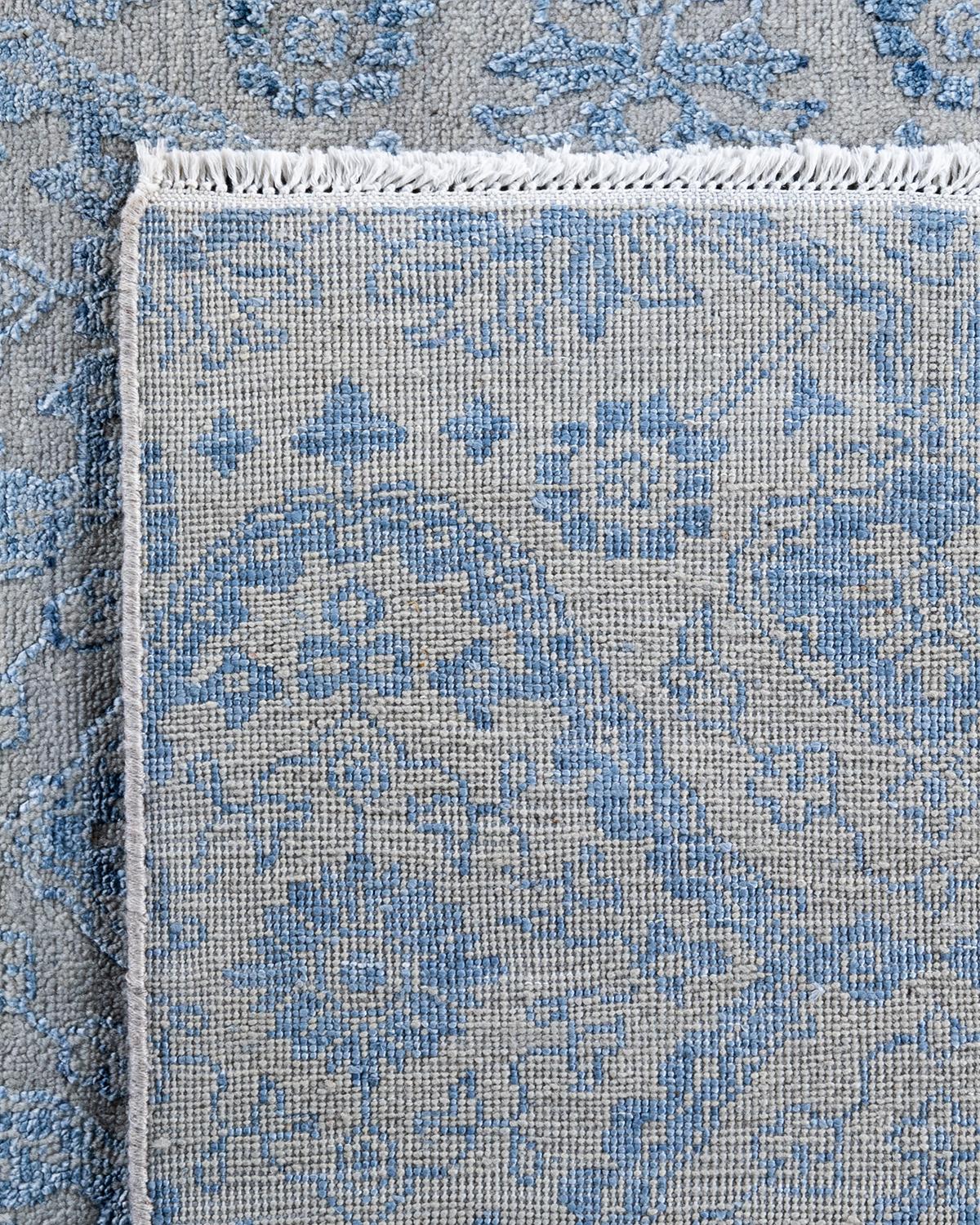 Traditioneller handgeknüpfter, geblümter Ikat-Teppich aus Seide und Wolle in Grau 9' 0
