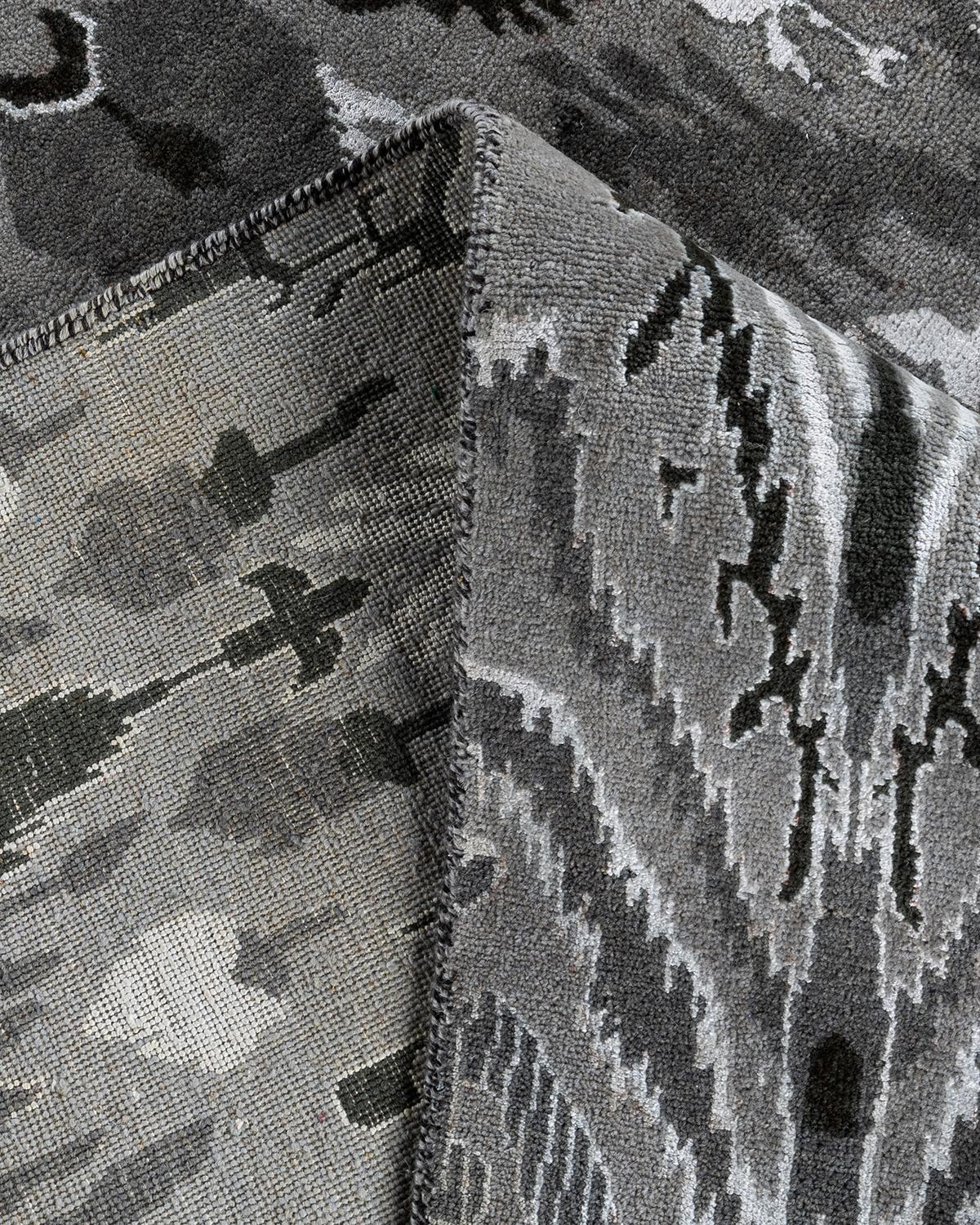 Contemporary Traditional Ikat Hand Knotted Floral Silk & Wool Gray Area Rug 9' 0