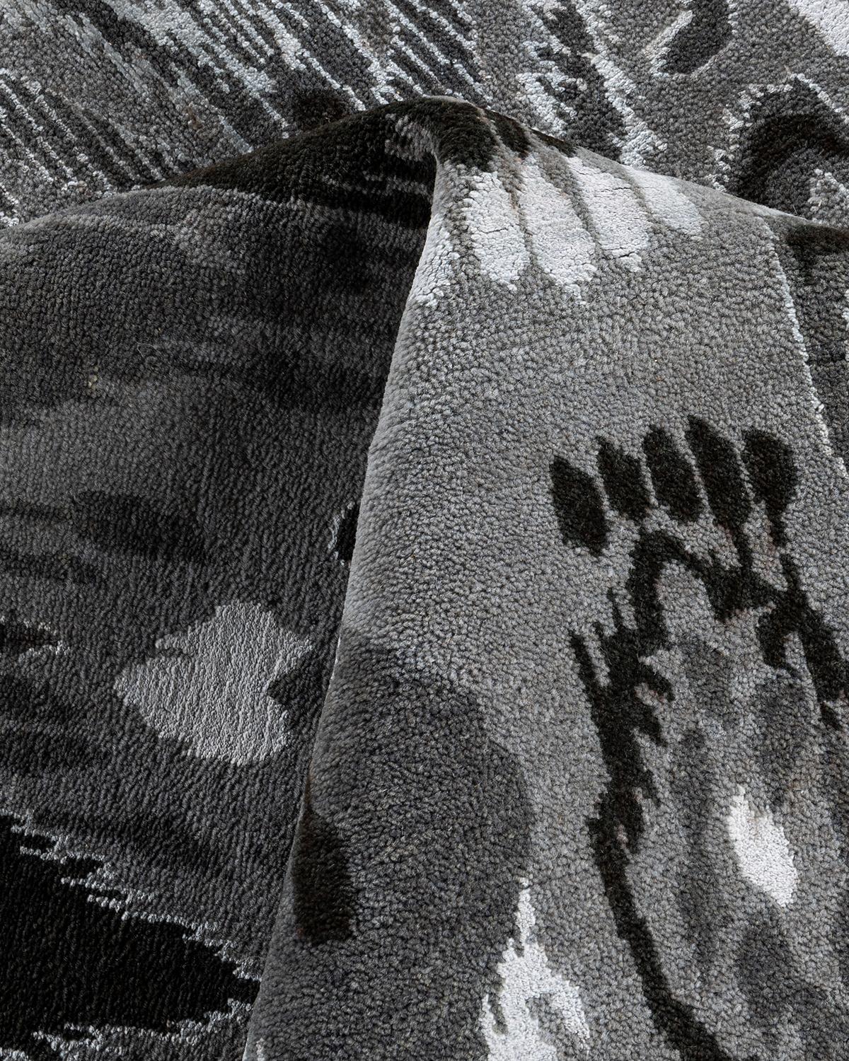 Traditional Ikat Hand Knotted Floral Silk & Wool Gray Area Rug 9' 0