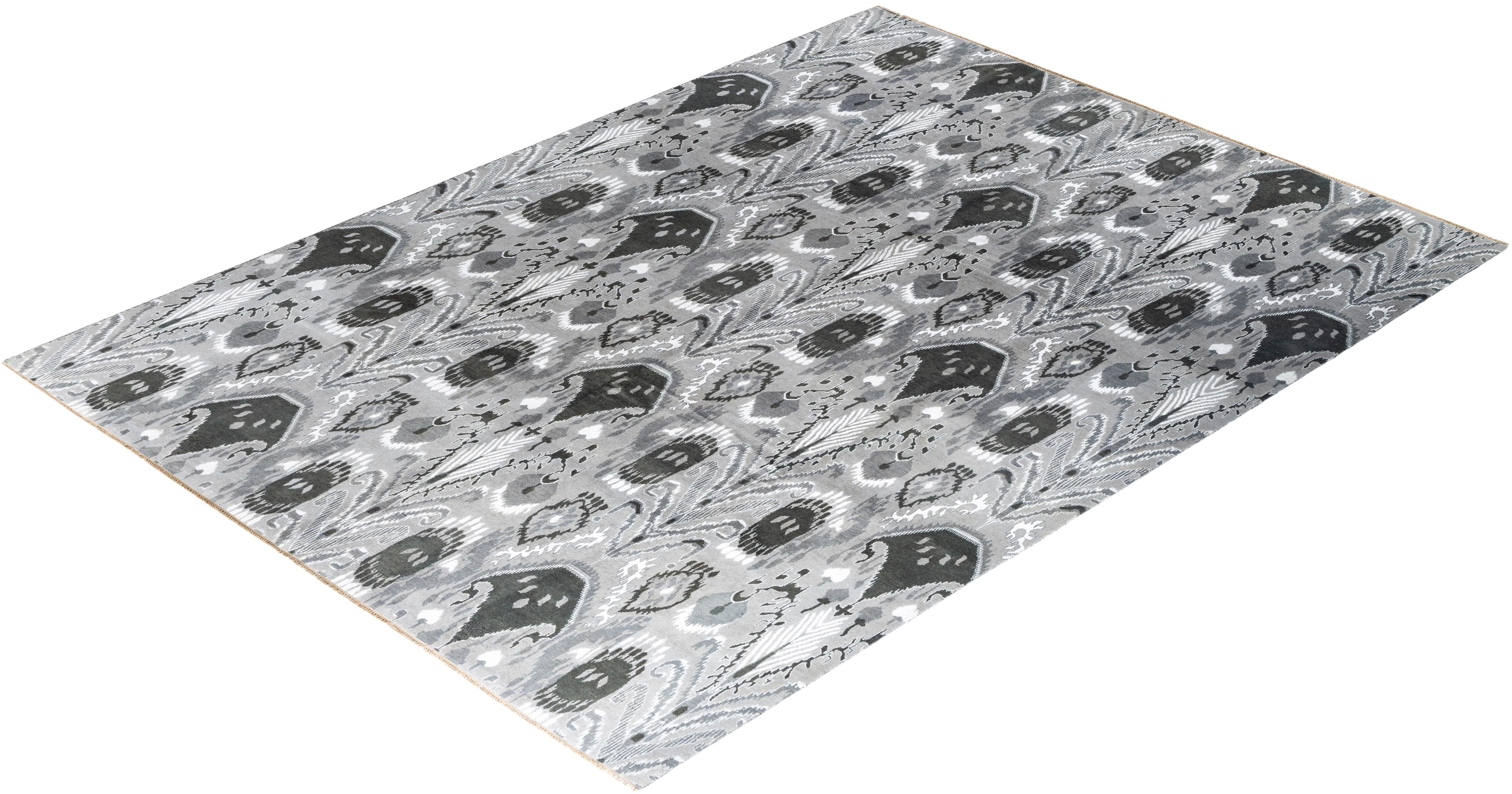Traditional Ikat Hand Knotted Floral Silk & Wool Gray Area Rug 9' 0