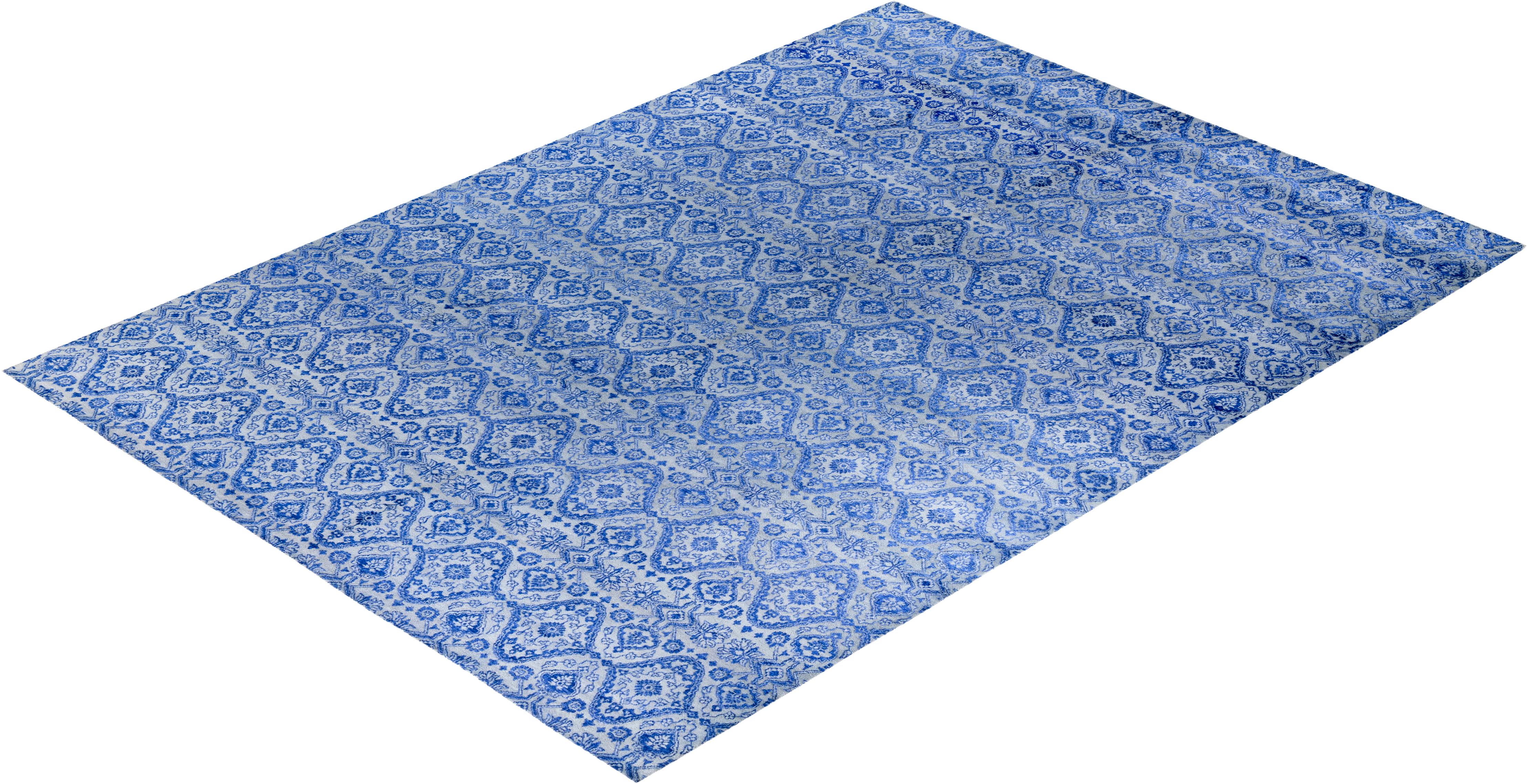 Traditioneller handgeknüpfter, geblümter Ikat-Teppich aus Seide und Wolle in Grau 9' 0