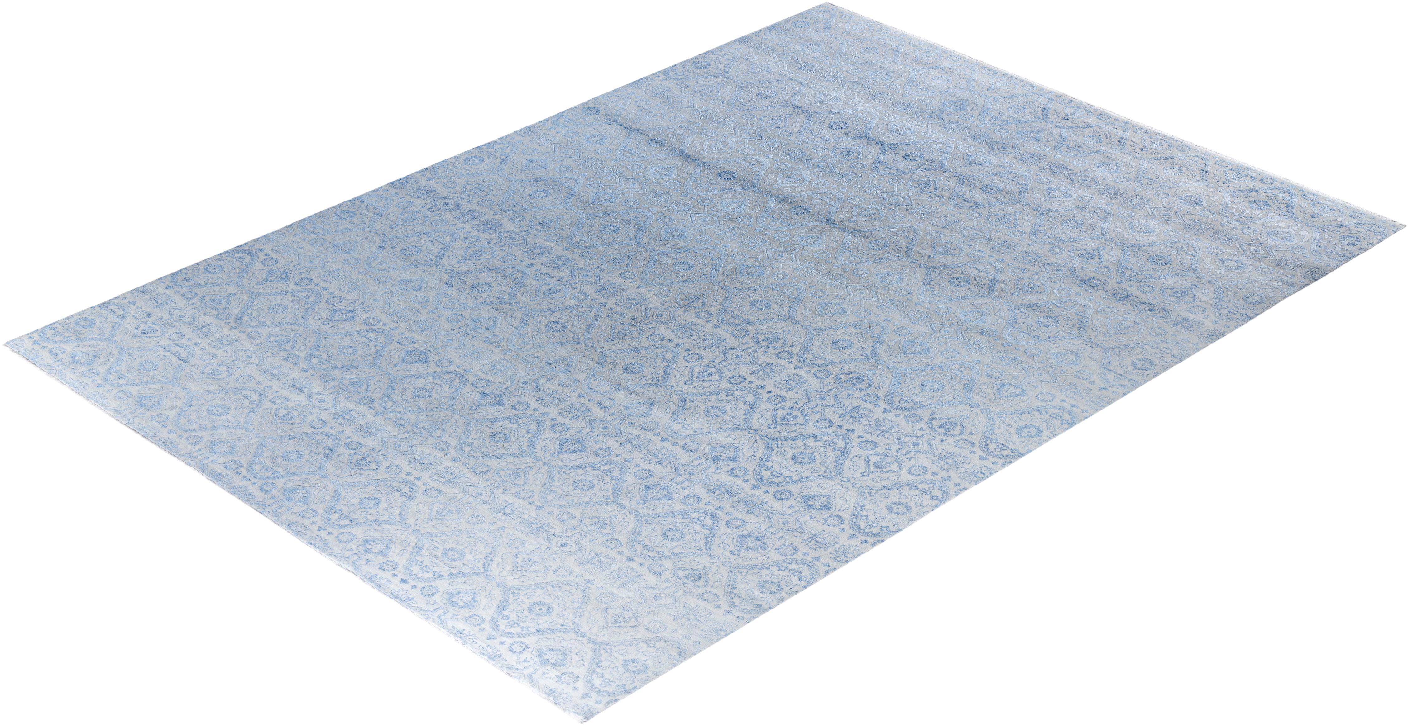 Traditioneller handgeknüpfter, geblümter Ikat-Teppich aus Seide und Wolle in Grau 9' 0