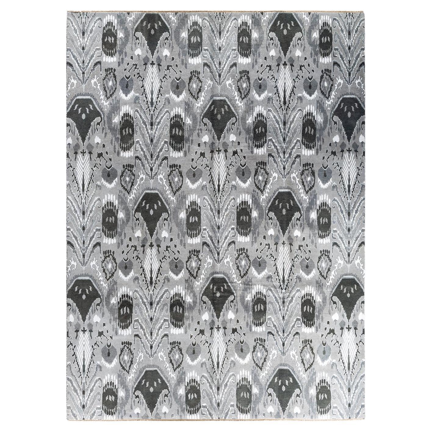 Traditional Ikat Hand Knotted Floral Silk & Wool Gray Area Rug 9' 0" x 12' 4"
