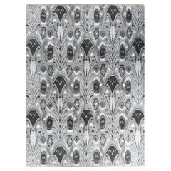 Traditioneller handgeknüpfter, geblümter Ikat-Teppich aus Seide und Wolle in Grau 9' 0" x 12' 4"