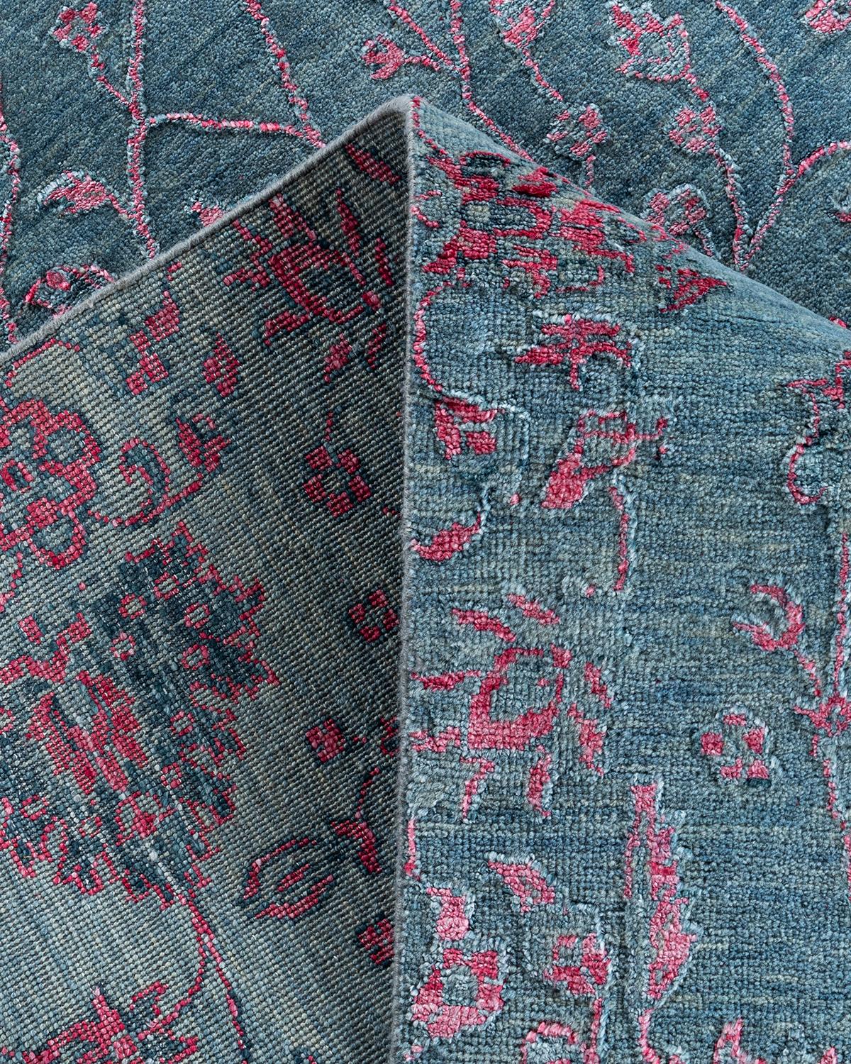 XXI secolo e contemporaneo Traditional Ikat Hand Knots Rugs floreale in seta e lana grigio 9' 1