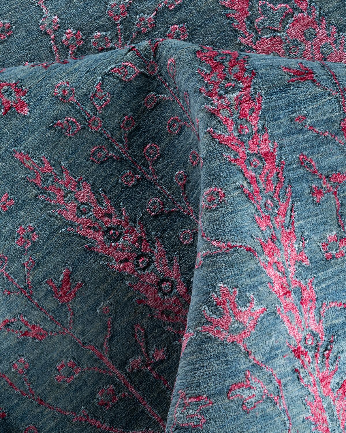 Lana Traditional Ikat Hand Knots Rugs floreale in seta e lana grigio 9' 1