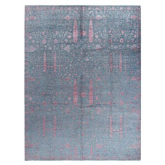Alfombra Ikat Tradicional de Seda y Lana Floral Anudada a Mano Gris 9' 1" x 11' 10