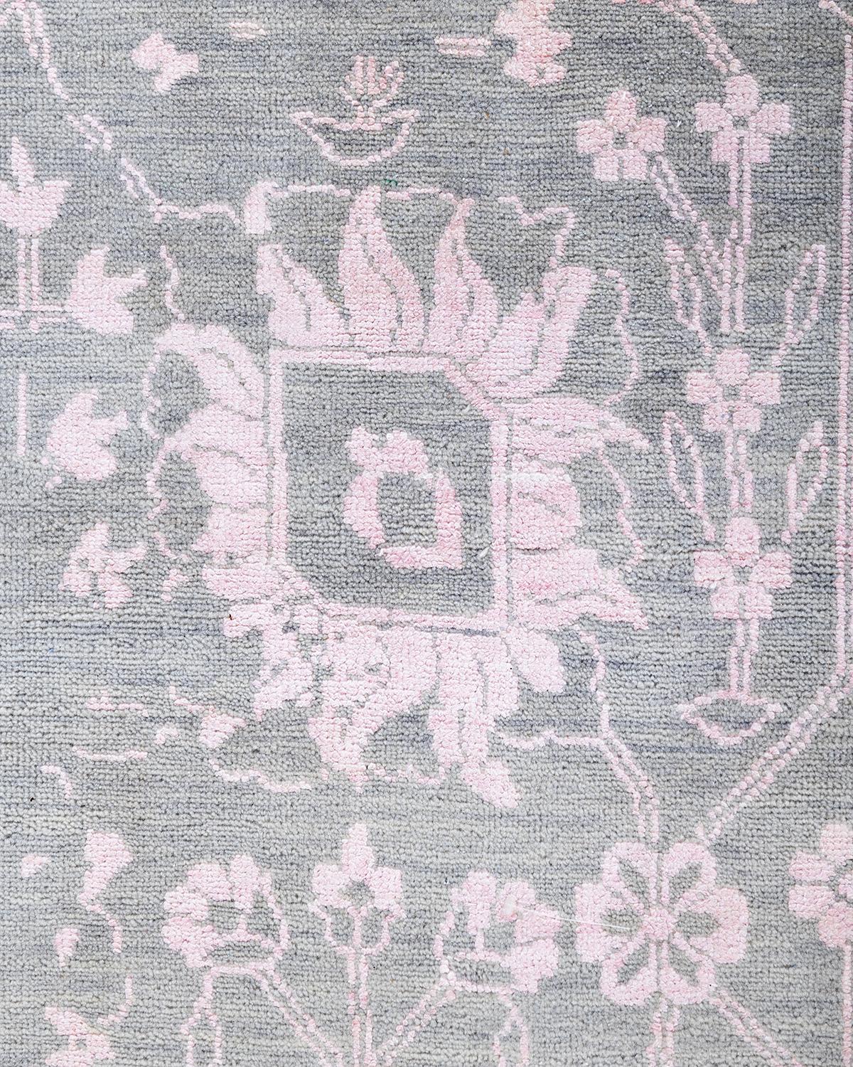 Alfombra Ikat Tradicional de Seda y Lana Floral Anudada a Mano Gris 9' 1