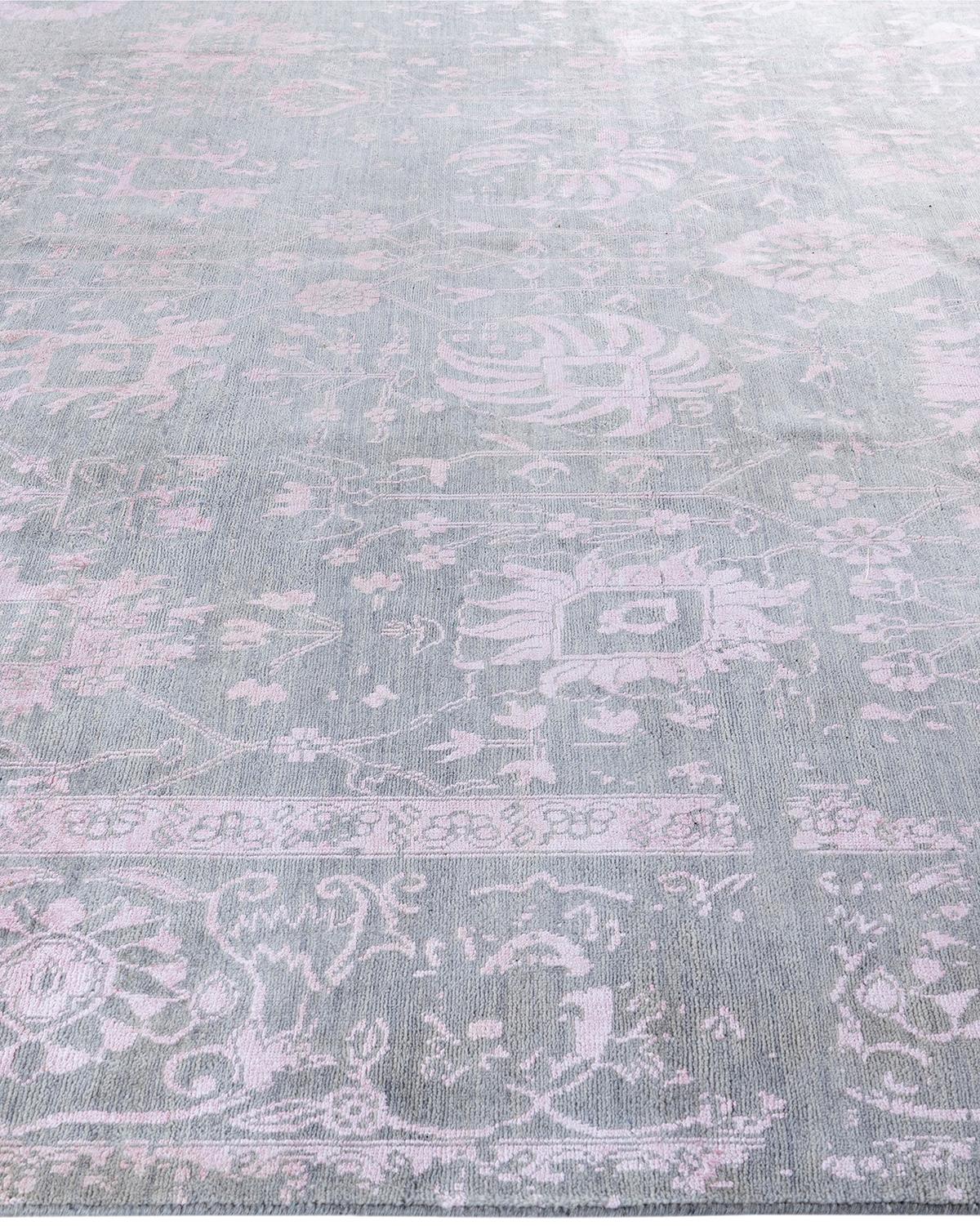 Alfombra Ikat Tradicional de Seda y Lana Floral Anudada a Mano Gris 9' 1