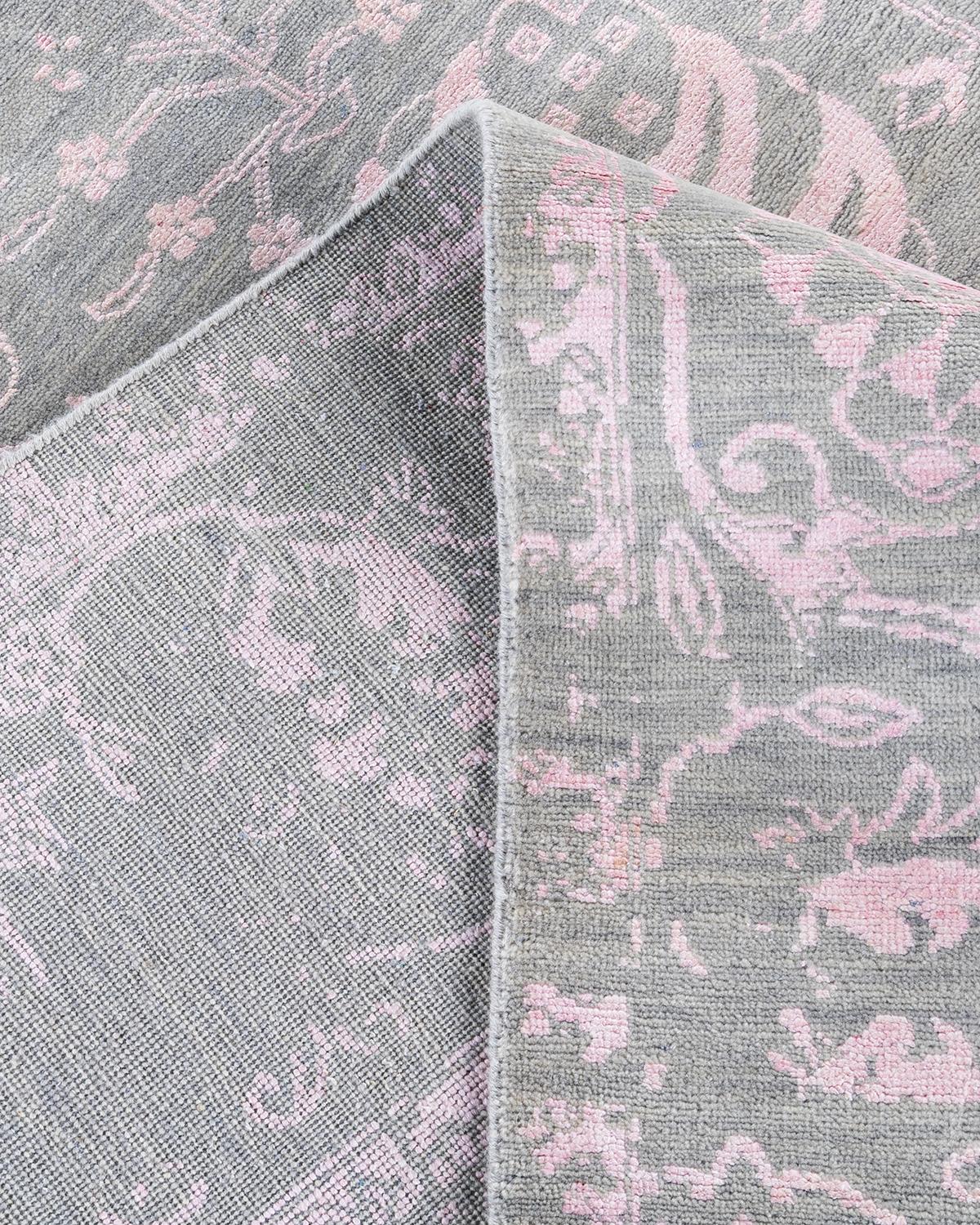 Alfombra Ikat Tradicional de Seda y Lana Floral Anudada a Mano Gris 9' 1