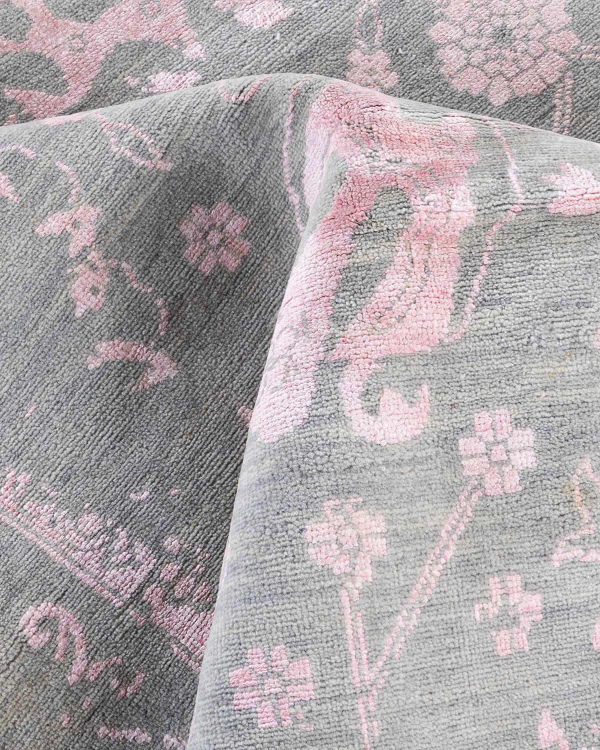 Alfombra Ikat Tradicional de Seda y Lana Floral Anudada a Mano Gris 9' 1