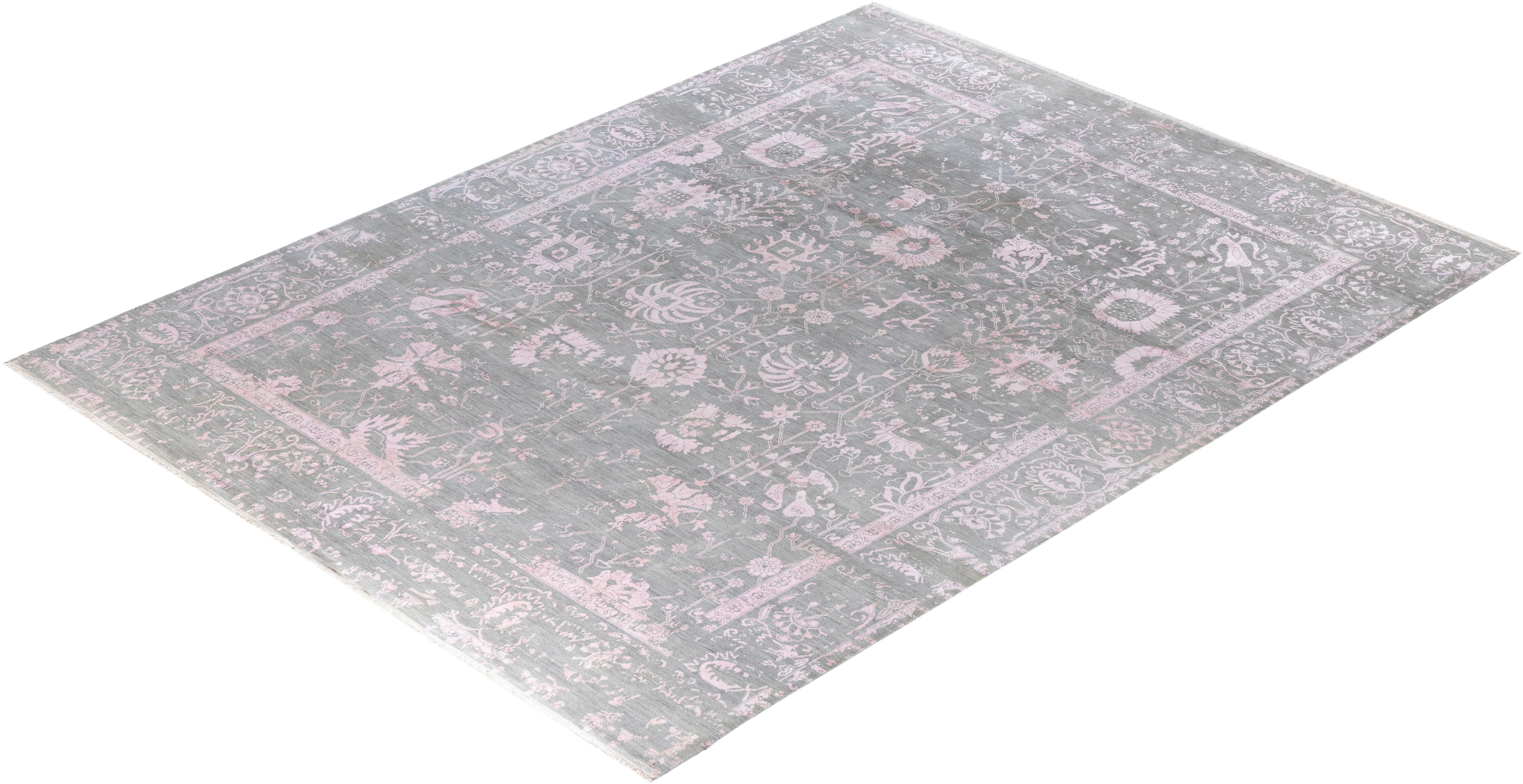 Alfombra Ikat Tradicional de Seda y Lana Floral Anudada a Mano Gris 9' 1