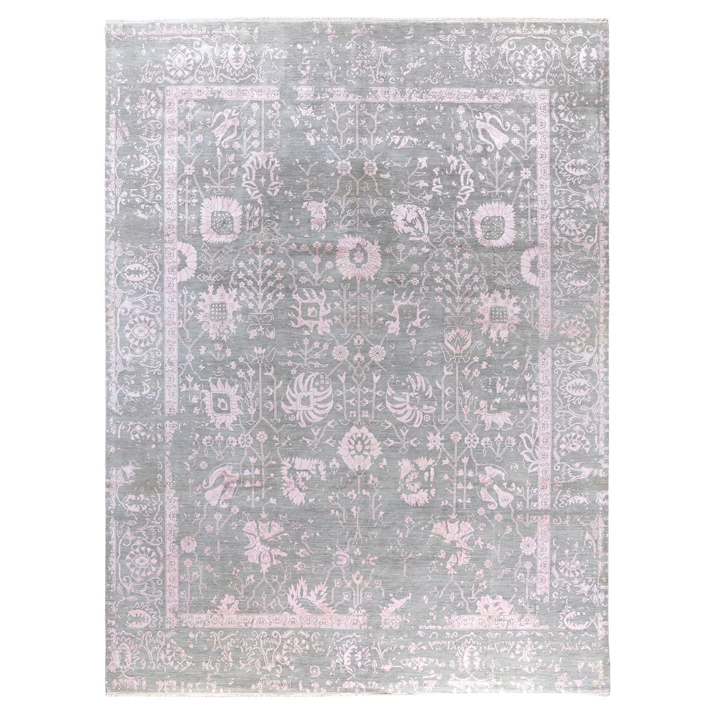 Traditional Ikat Hand Knotted Floral Silk & Wool Gray Area Rug 9' 1" x 12' 1"