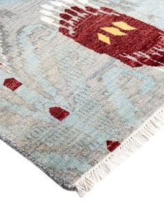 Traditional Ikat Hand Knotted Floral Silk & Wool Gray Area Rug 9' 1" x 12' 4"