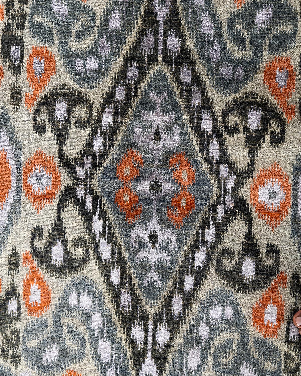 Indien Tapis traditionnel Ikat gris en soie et laine à motifs floraux noués à la main 9' 1