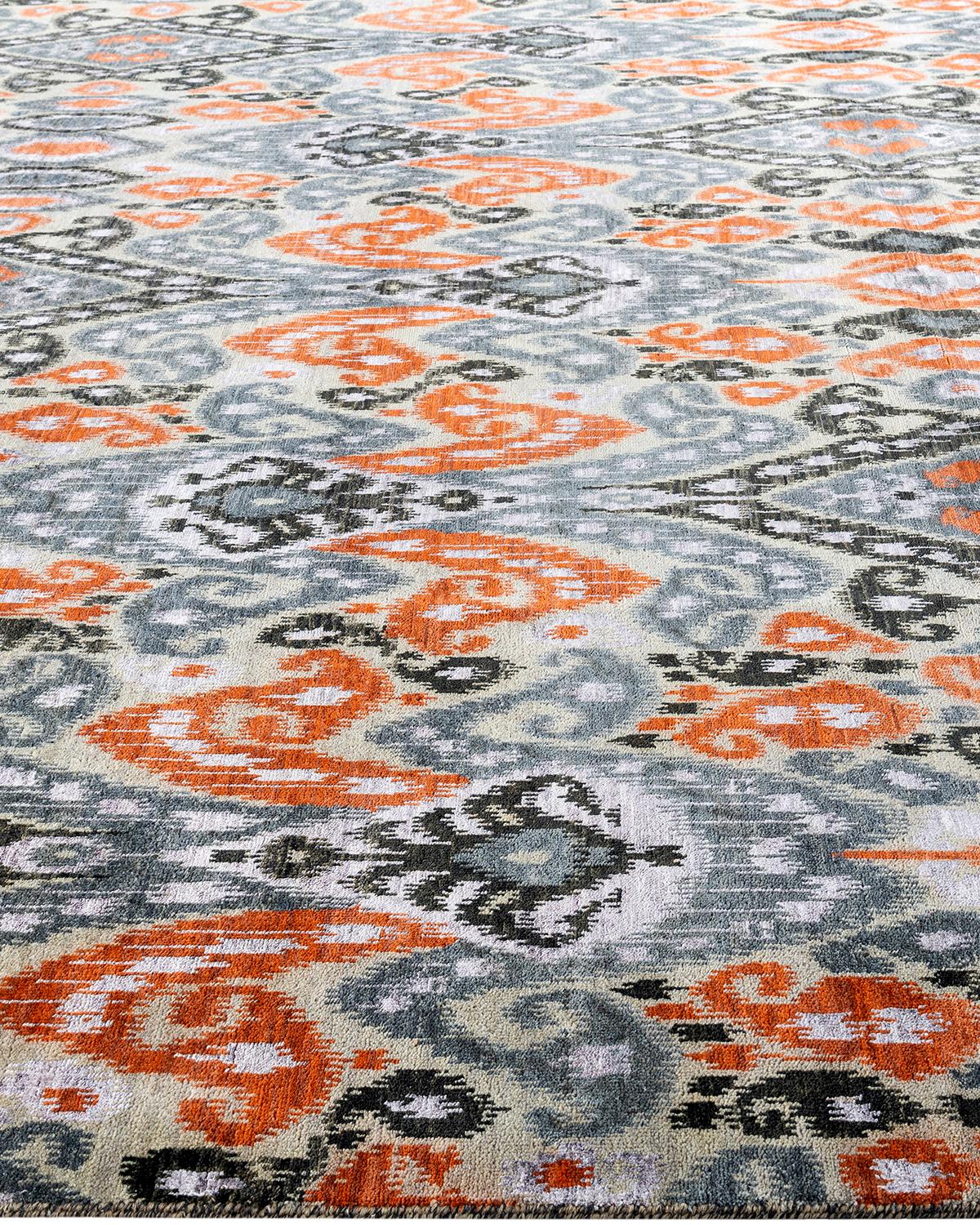 Noué à la main Tapis traditionnel Ikat gris en soie et laine à motifs floraux noués à la main 9' 1