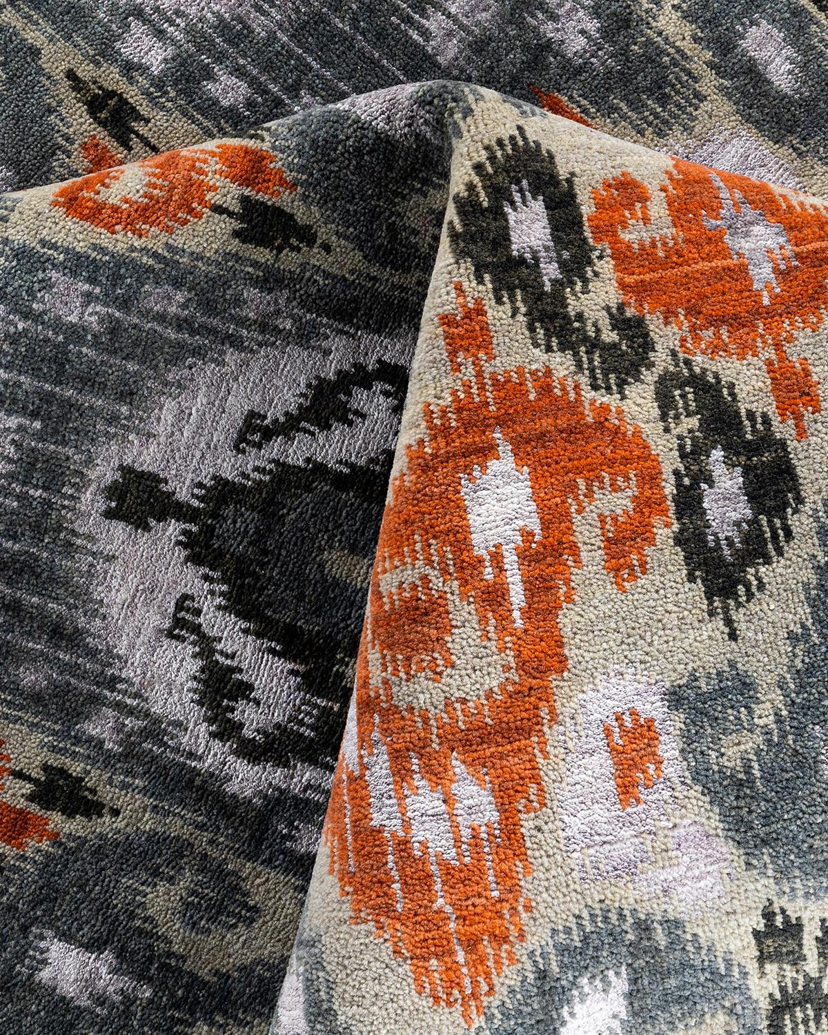 Laine Tapis traditionnel Ikat gris en soie et laine à motifs floraux noués à la main 9' 1