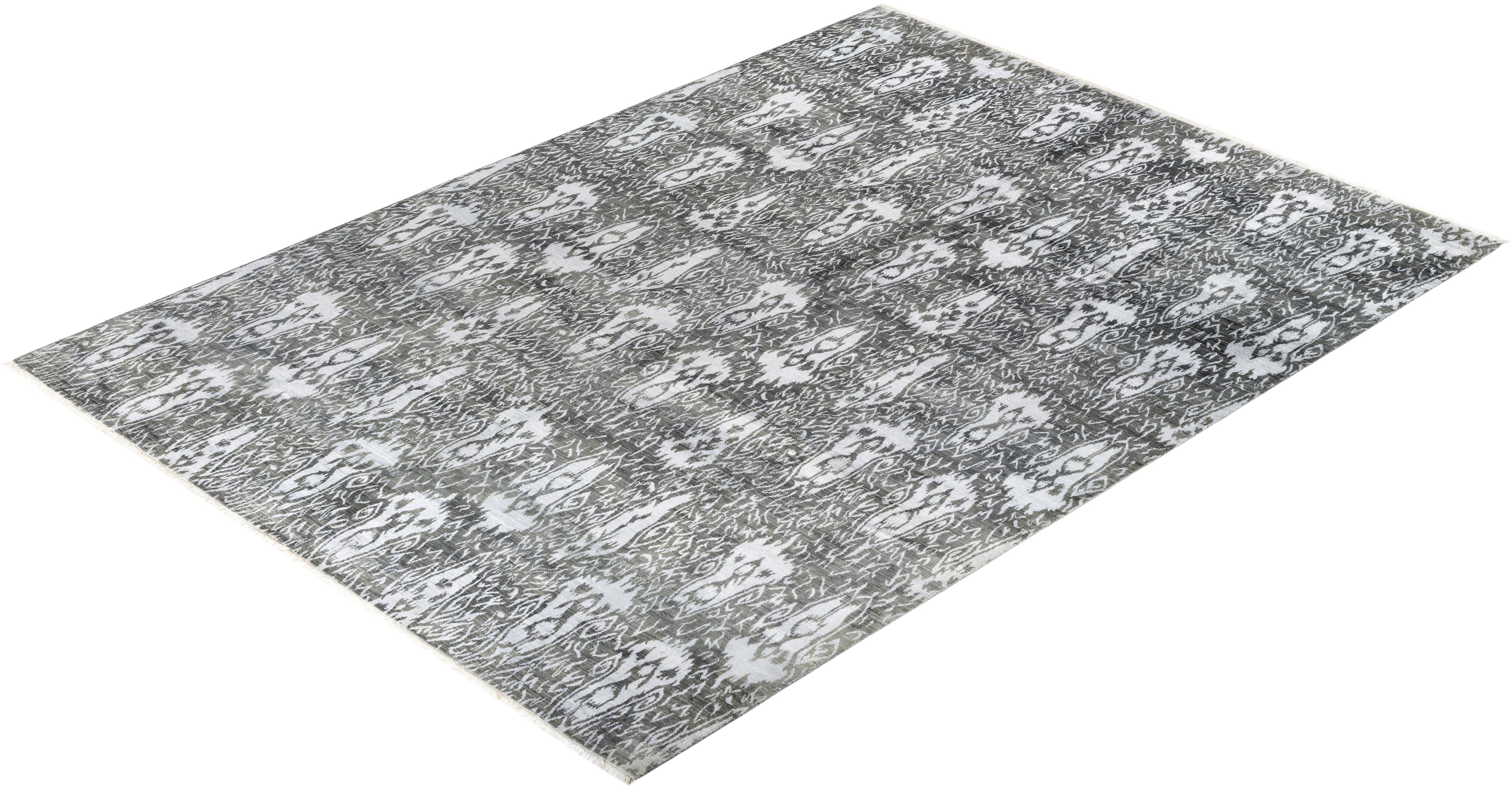 Traditioneller handgeknüpfter, geblümter Ikat-Teppich aus Seide und Wolle in Grau 9' 1