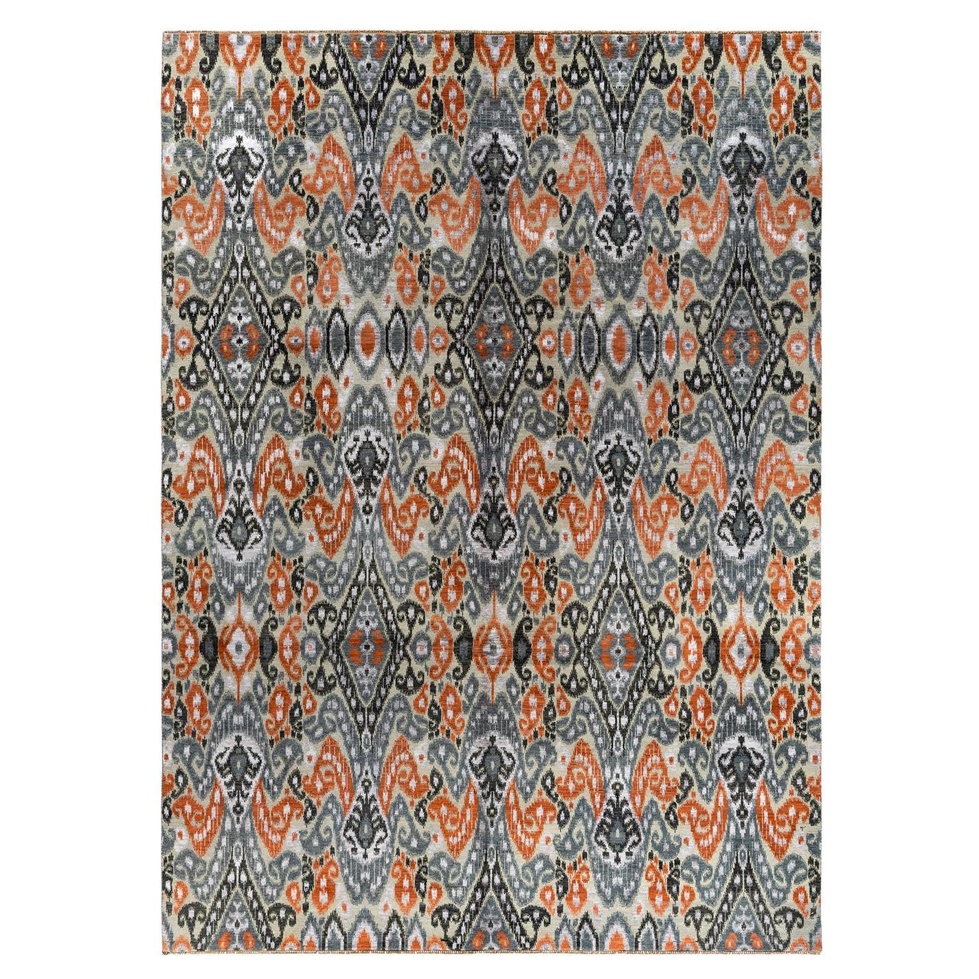 Traditional Ikat Hand Knotted Floral Silk & Wool Gray Area Rug 9' 1" x 12' 4"