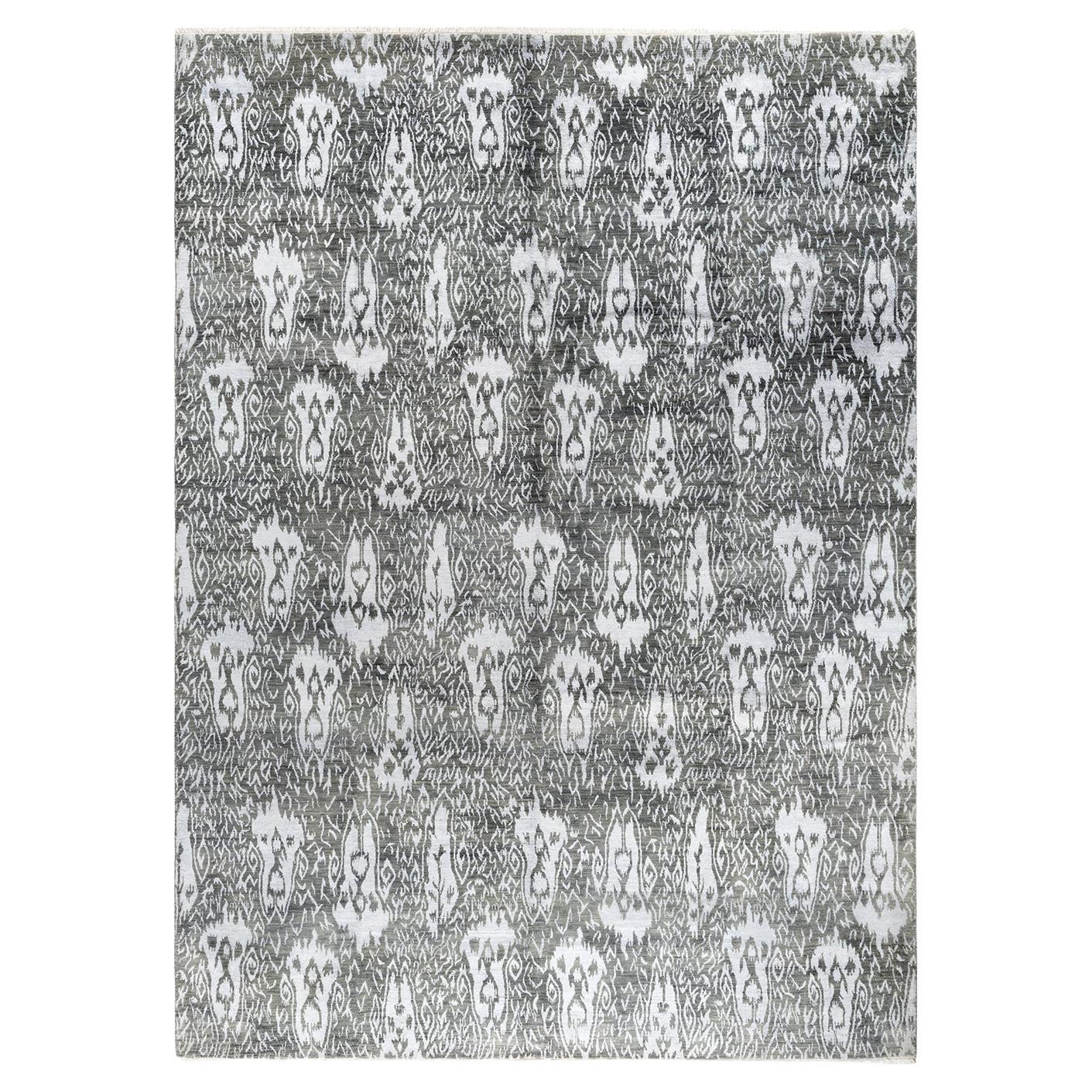 Traditional Ikat Hand Knotted Floral Silk & Wool Gray Area Rug 9' 1" x 12' 4"