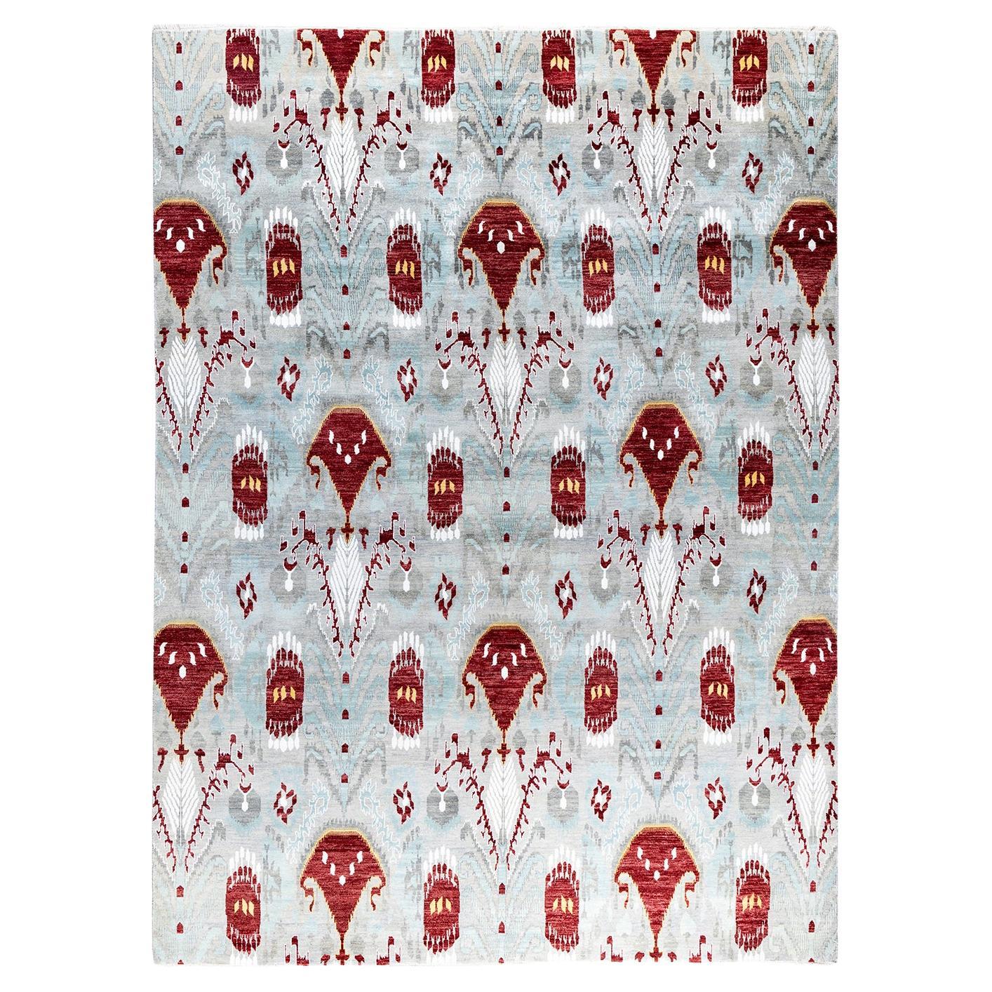 Traditional Ikat Hand Knotted Floral Silk & Wool Gray Area Rug 9' 1" x 12' 4"